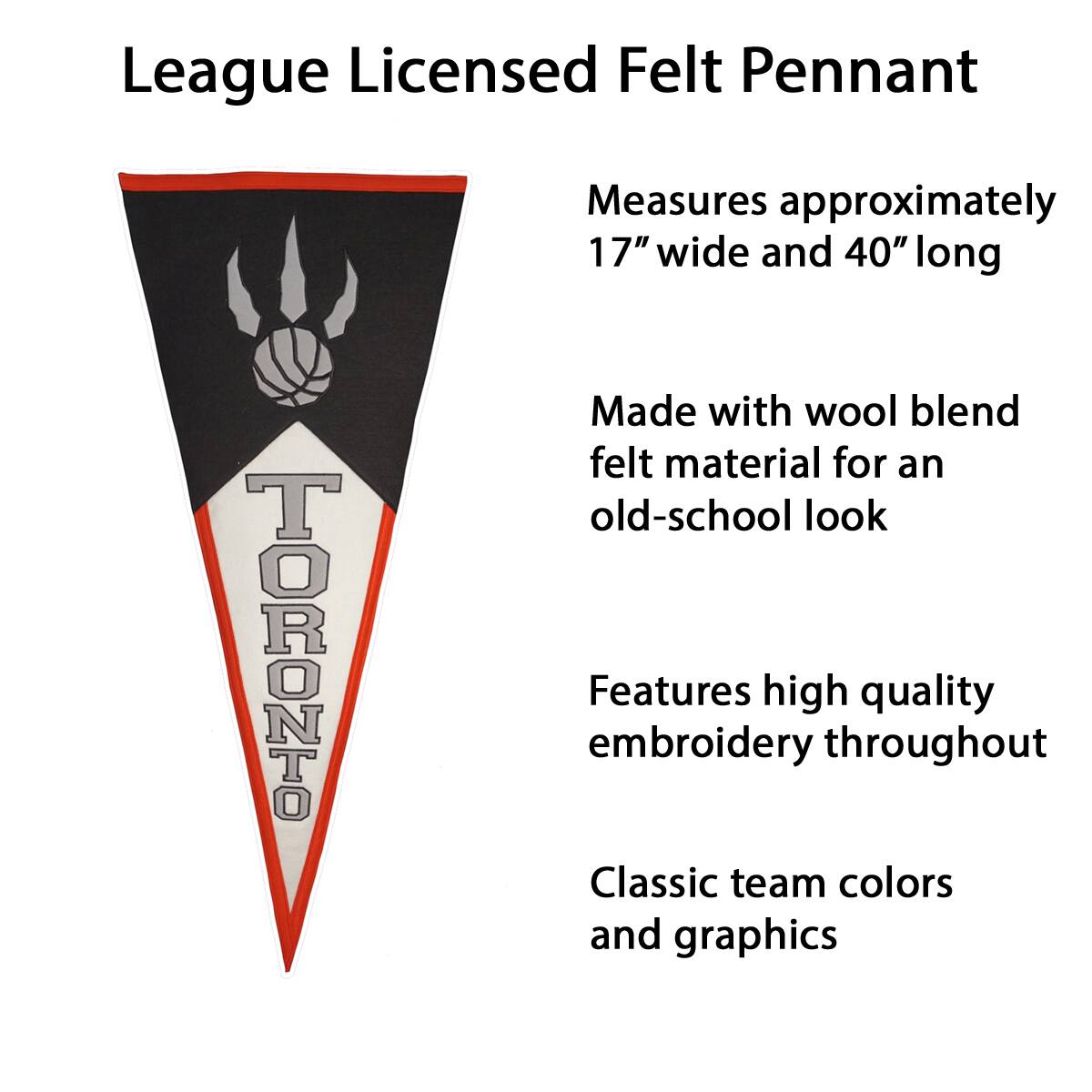 League Licensed Felt Pennant

- Measures approximately 17" wide and 40" long
- Made with wool blend felt material for an old-school look
- Features high quality embroidery throughout
- Classic team colors and graphics