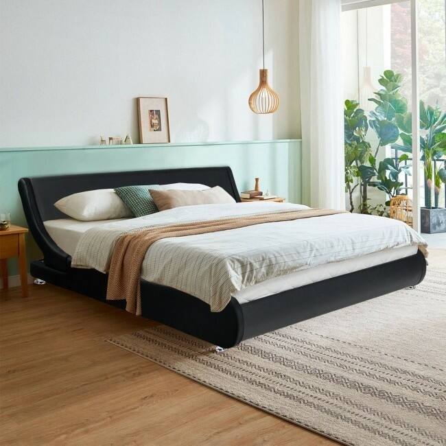 Left. Hivvago - Hivvago Full Size Modern Faux Leather Upholstered Platform Bed Frame - Black.