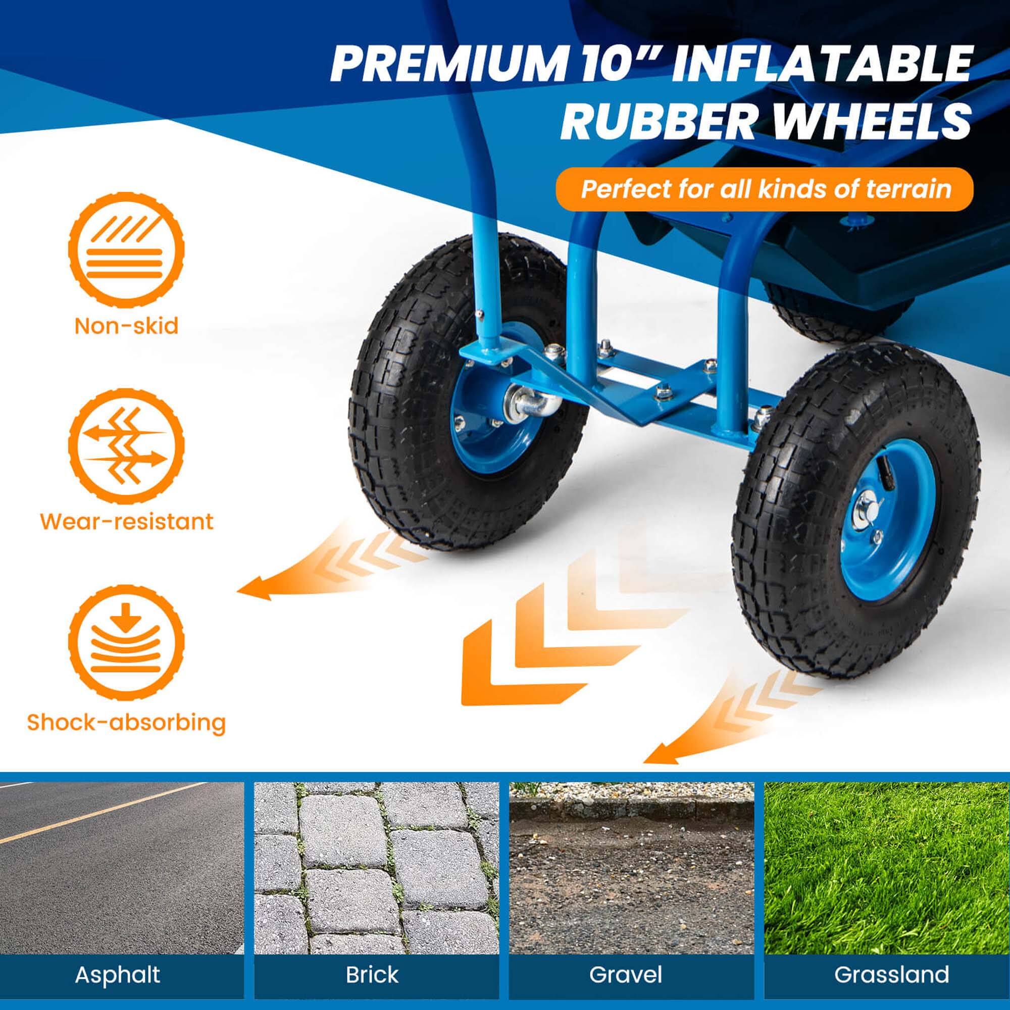 PREMIUM 10" INFLATABLE RUBBER WHEELS  
Perfect for all kinds of terrain  

- Non-skid  
- Wear-resistant  
- Shock-absorbing  

Asphalt  
Brick  
Gravel  
Grassland