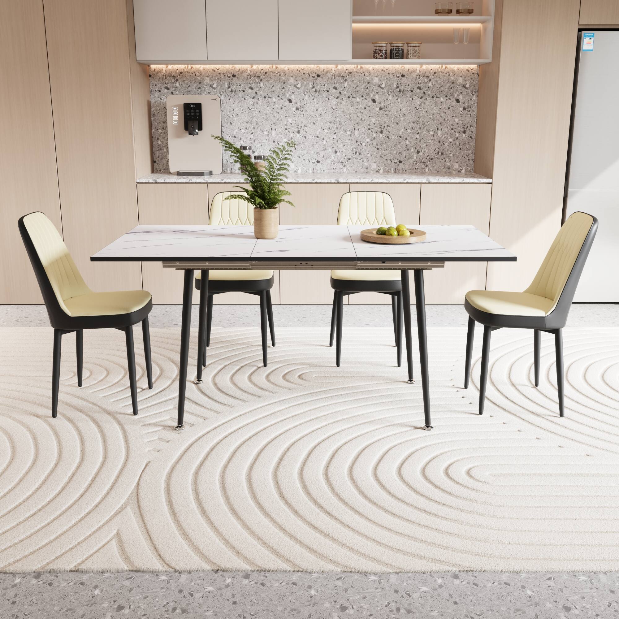 Front. TinyHomie - 47-63in expandable dining table set for 2-6 people equipped with PU fabric thick cushioned dining chair and dining table - Beige and White.