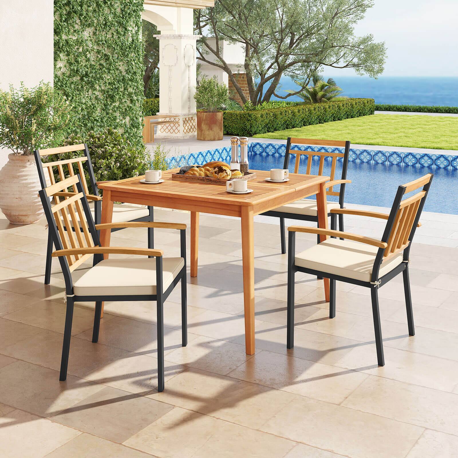 Alt View 3. Costway - Costway 5 PCS Patio Acacia Wood Dining Set with Soft Seat Cushions Umbrella Hole for Yard - Natural,Black.