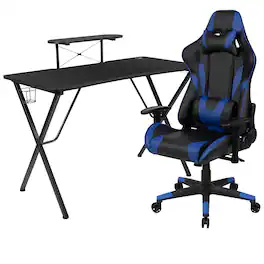 Emma + Oliver - Gaming Desk & Chair Set - Cup Holder, Headphone Hook, and Monitor Stand - Blue
