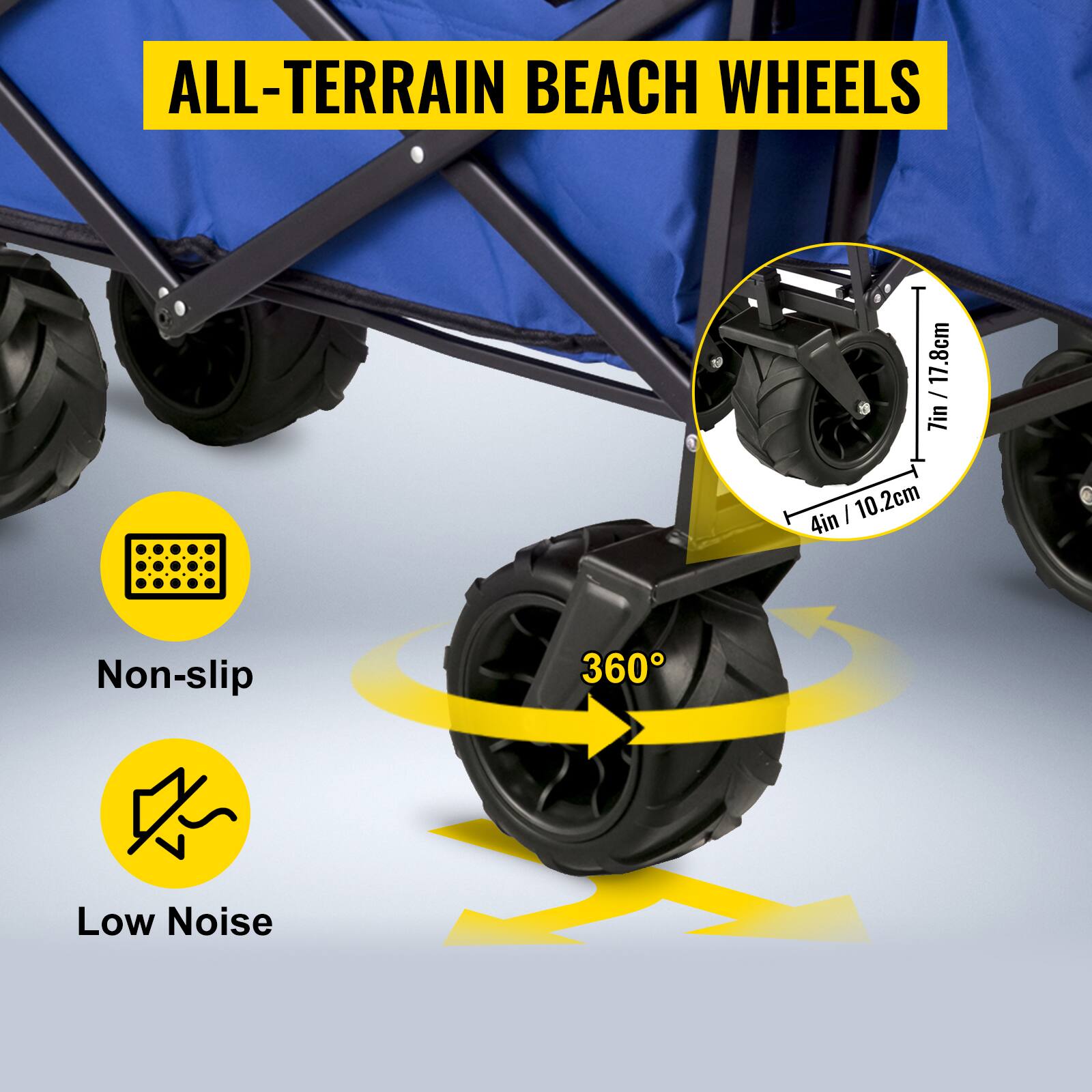 ALL-TERRAIN BEACH WHEELS

- Non-slip
- Low Noise

17.8cm / 7in
10.2cm / 4in

360°