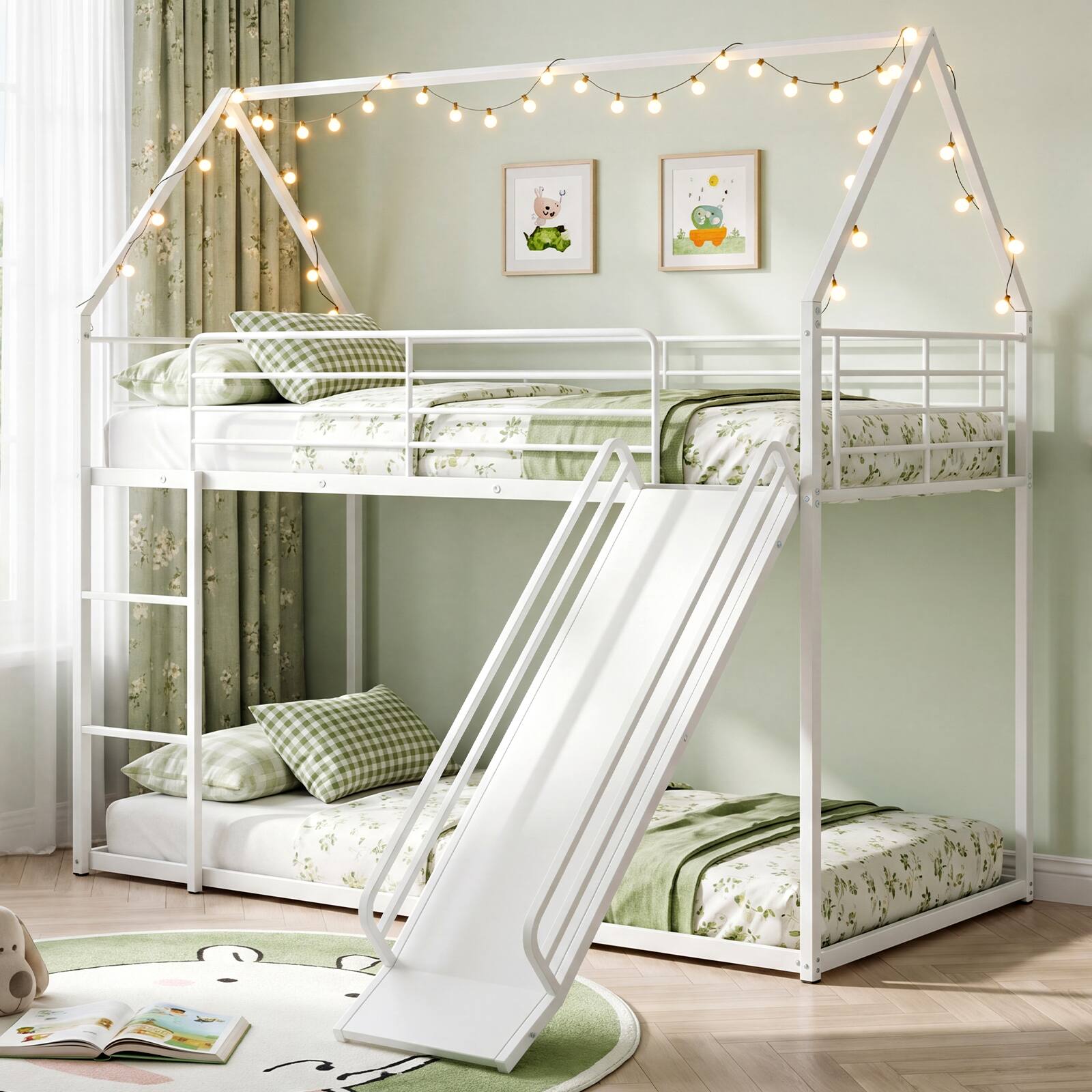 Alt View 4. Costway - Costway Twin Over Twin Low Bunk Bed House-shaped Metal Bunk Bed Frame with Safety Guardrail - White.