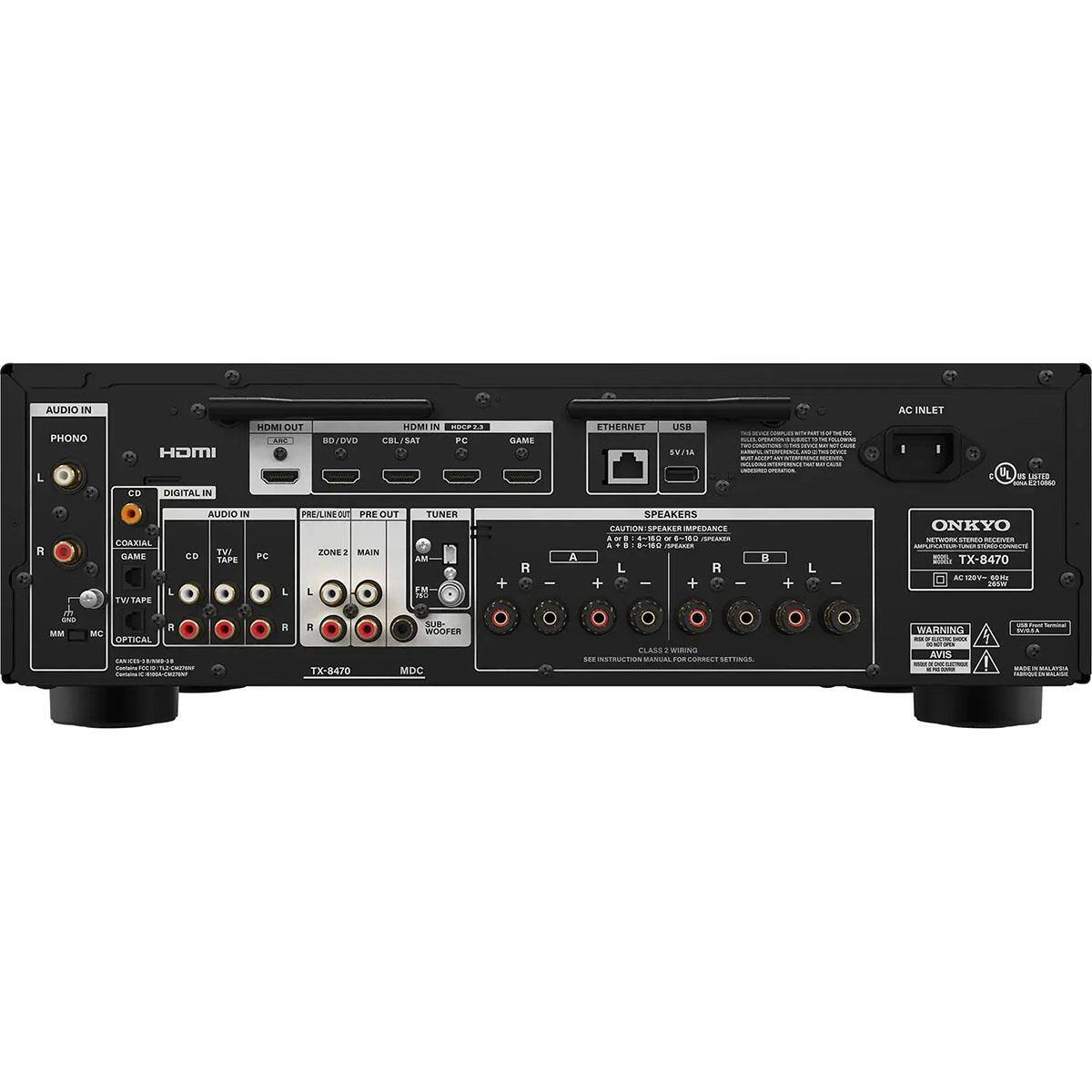 AUDIO IN  
PHONO  
HDMI  
HDMI OUT  
HDMI IN  
CBL/SAT  
HDCP2.3  
PC  
GAME  
ETHERNET  
USB  
SV/IA  
CD  
DIGITAL IN  
AC INLET  
SPEAKERS  
CAUTION: SPEAKER IMPEDANCE 4~150Ω or 5~150Ω  
A 8Ω 0~160W  
L  
R  
-  
+  
0  
ONKYO NETWORK ITERIO RECOVER  
TX-8470  
AC 100-240V 50/60Hz 265W  
LISTED 21000  
R B GNO VM  
COAXIAL GAME TWTAPE NC OPTICAL  
Contains 1CD +  
8  
AUDIO N WT CD PC TAPE  
PRE/LINE OUT  
PRE OUT  
TUNER  
ZONE 2  
MAIN  
AM  
FM  
SUB WOOFER  
TX-8470  
MDC  
CLASS A WARNING  
SEE INSTRUCTION MANUAL FOR CORRECT SETTINGS.