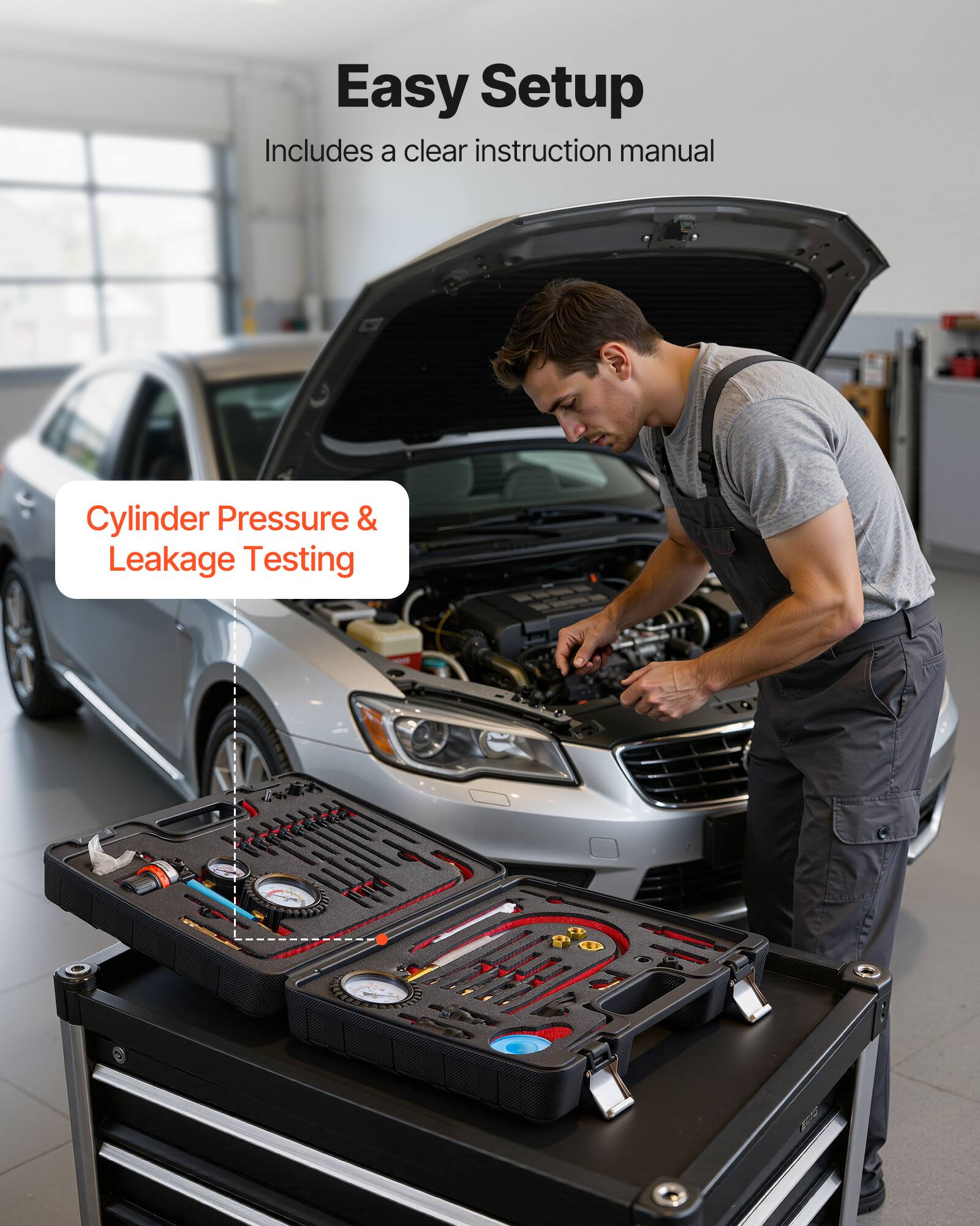 Easy Setup  
Includes a clear instruction manual  

Cylinder Pressure & Leakage Testing