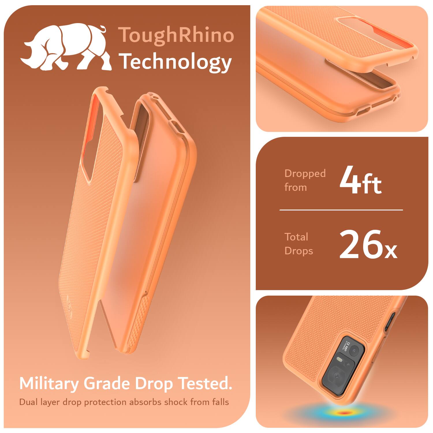 ToughRhino Technology Dropped from 4ft Total Drops 26x i Military Grade Drop Tested. Dual layer drop protection absorbs shock from falls
