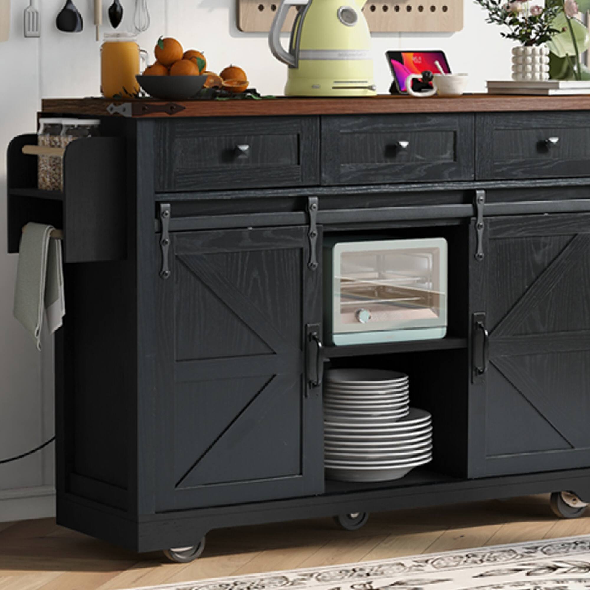 Alt View 1. ELEMENT ACE - Farmhouse Kitchen Island with Power Outlet, Drop Leaf, and Sliding Barn Doors for Versatile Storage - Black.