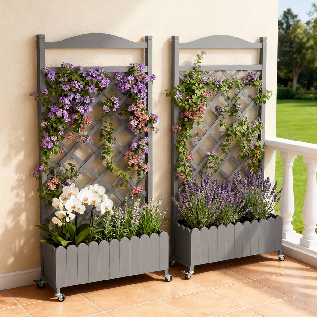Alt View 4. CloudRest Pro - Raised Garden Bed with Trellis and Wheels 48 Inch Elevated Planter Box with Drainage Holes 2 Pack - Gray.