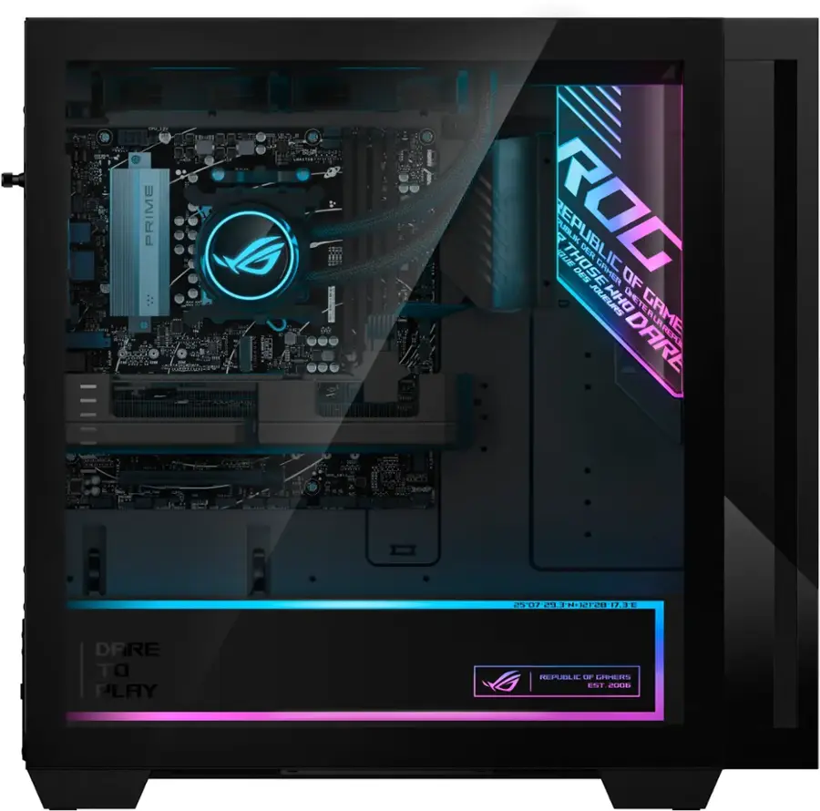 R.O.G. is a brand of computer components, including a computer case and a motherboard. The image shows the inside of a R.O.G. computer case, which is designed for gaming and overclocking. The case features a window that allows users to see the internal components, including the motherboard and cooling system. The brand is known for its high-quality and high-performance products, making it a popular choice among gamers and enthusiasts.