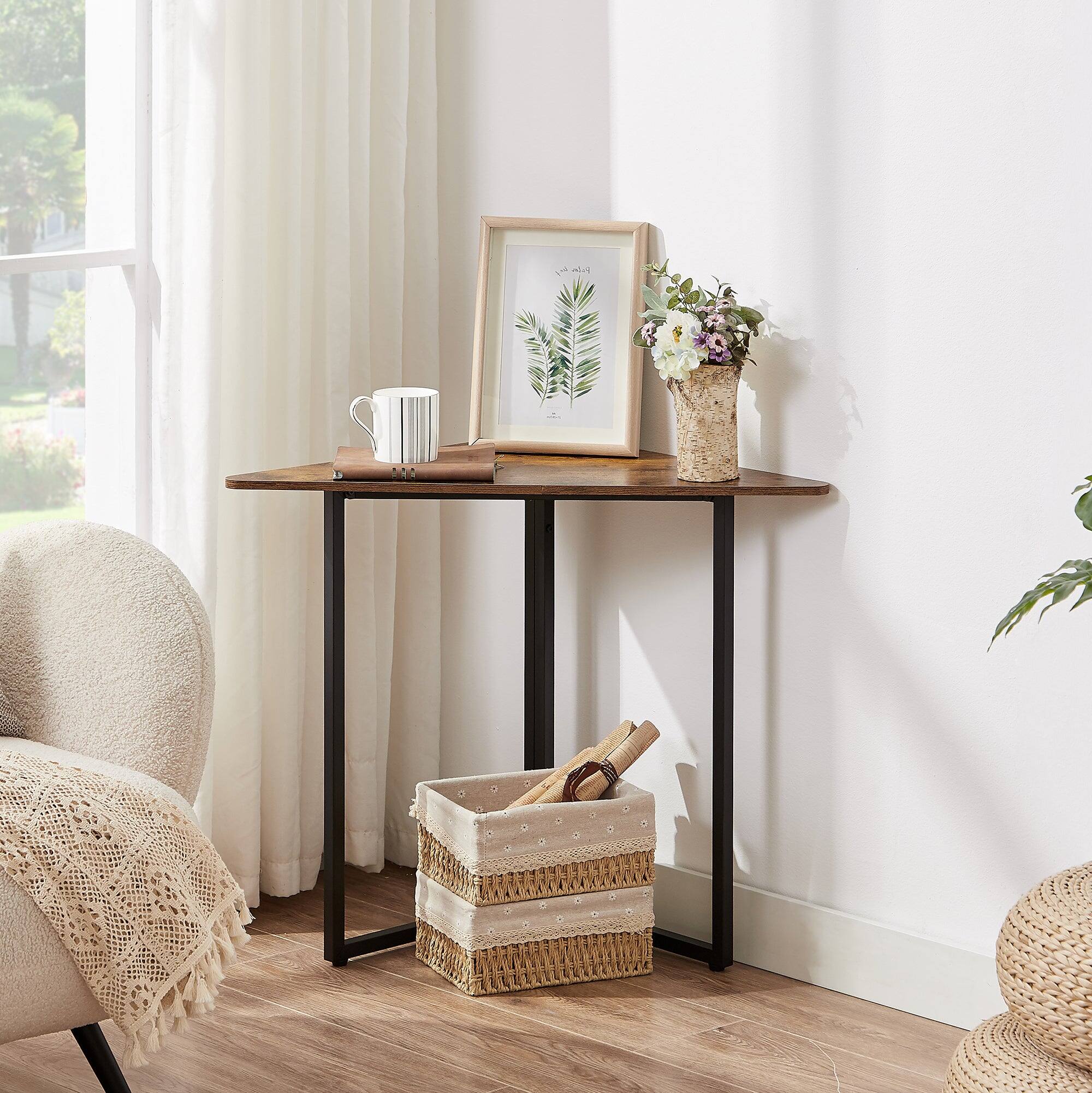 Back. Vecelo - Corner Shelf, End Side Tables, Triangle Shelves with Metal Frame for Small Space, Living Room, Kitchen, Bathroom - Brown.