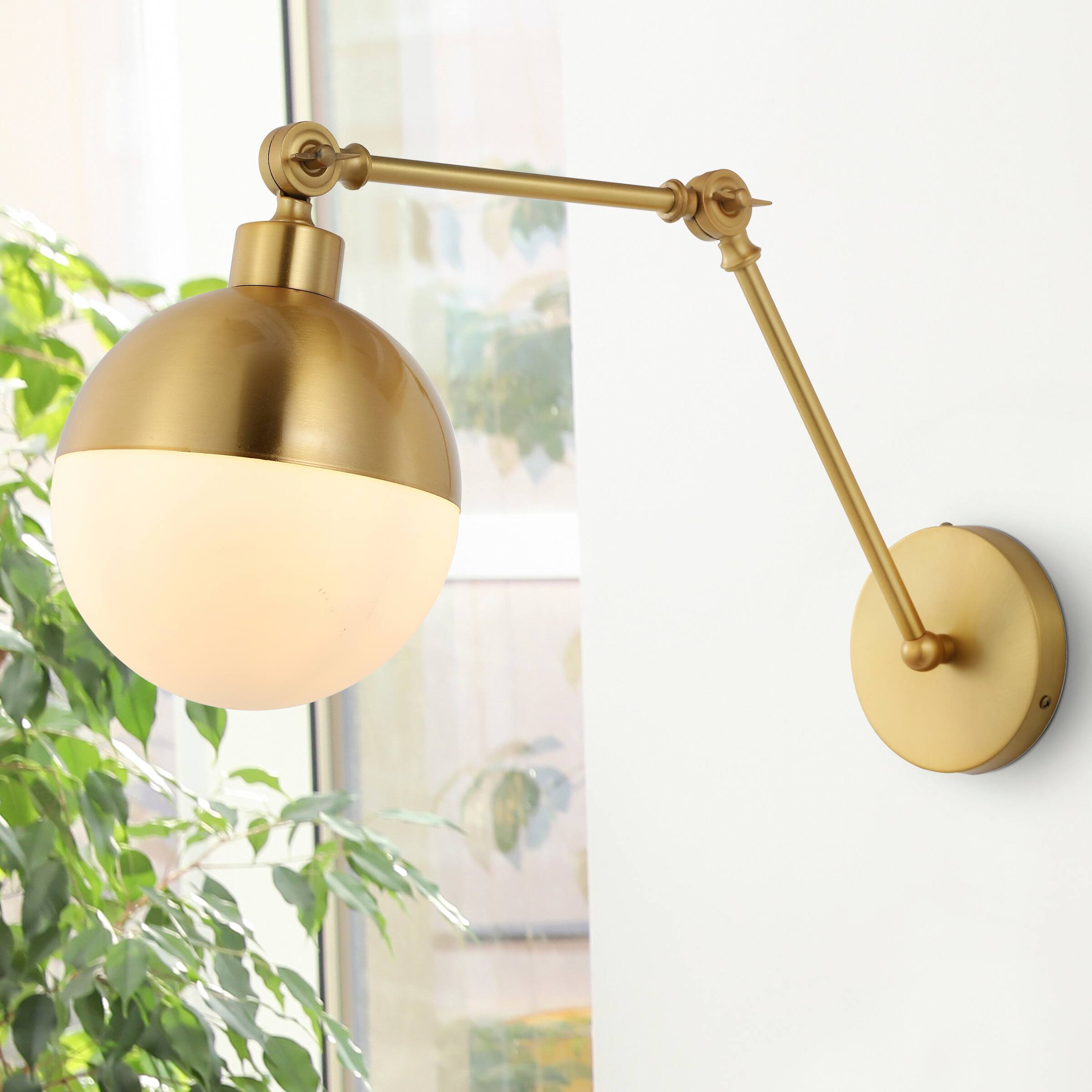 Alt View 7. Jonathan Y - Alba 8" 1-Light Modern Industrial Adjustable Swing Arm Metal Frosted Glass Globe LED Sconce, Brass Gold/Frosted - Brass Gold.