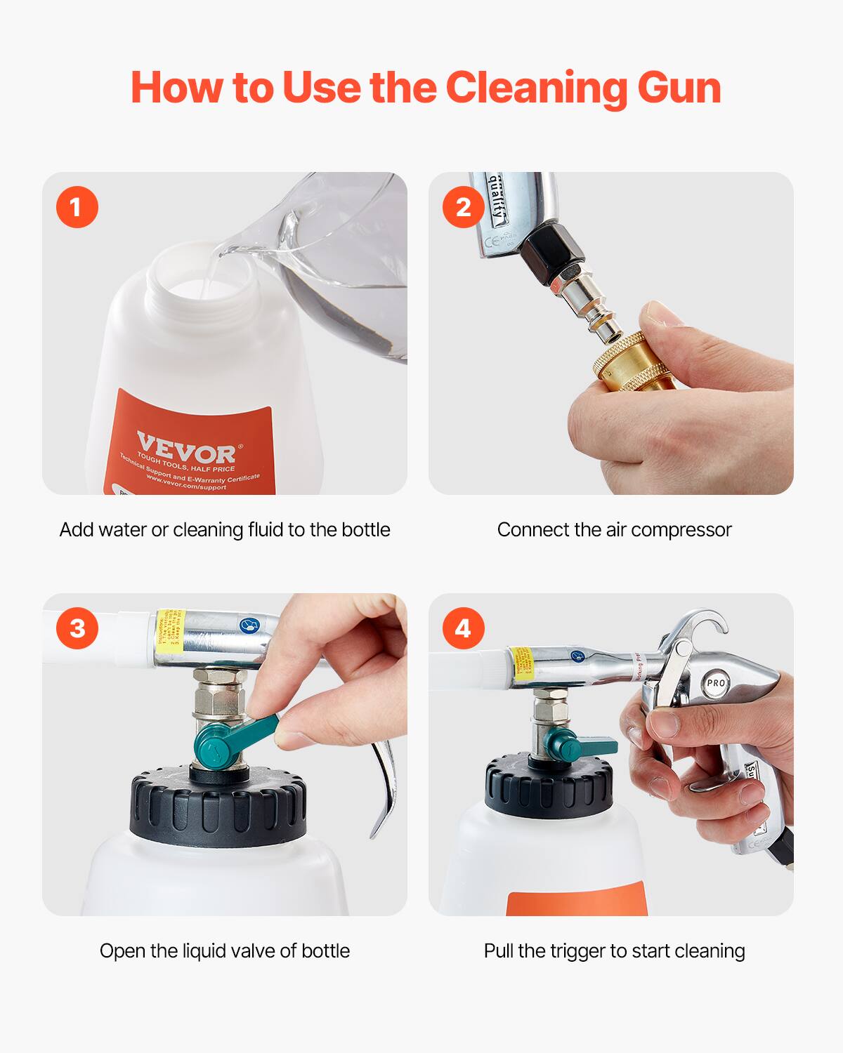 How to Use the Cleaning Gun

1. Add water or cleaning fluid to the bottle.
2. Connect the air compressor.
3. Open the liquid valve of the bottle.
4. Pull the trigger to start cleaning.