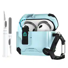 Dteck - For Airpods 4th Gen 2024 Rugged Secure Lock Shockproof Case With Keychain+Clean Pen - Lightblue
