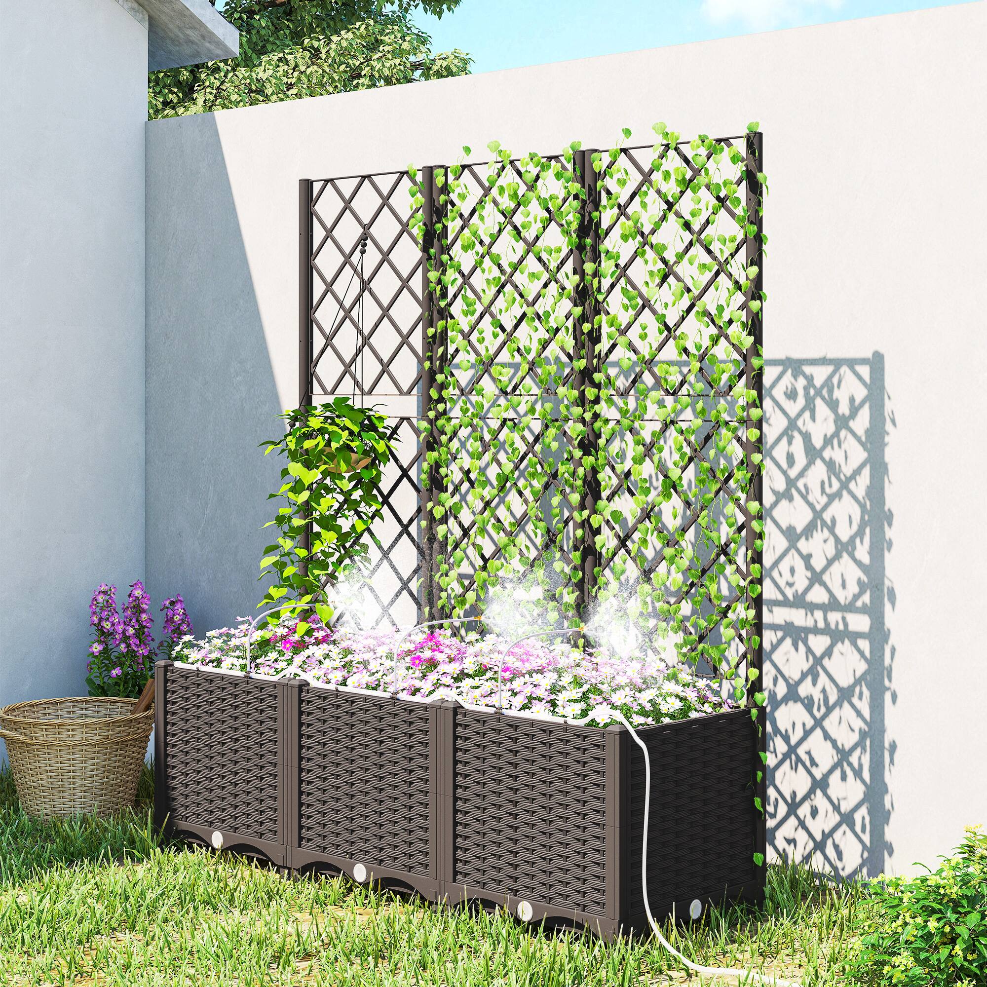 Alt View 1. Outsunny - 3PCS Plastic Planter Box with Trellis, Self-Watering Raised Garden Bed with Trellis and Automatic Watering Timer Kit.