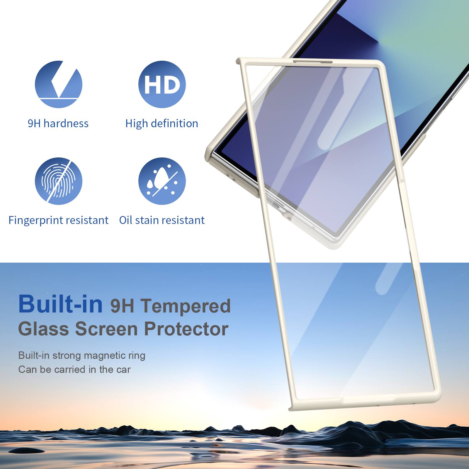 HD  
9H hardness  
High definition  
Fingerprint resistant  
Oil stain resistant  
Built-in 9H Tempered Glass Screen Protector  
Built-in strong magnetic ring  
Can be carried in the car