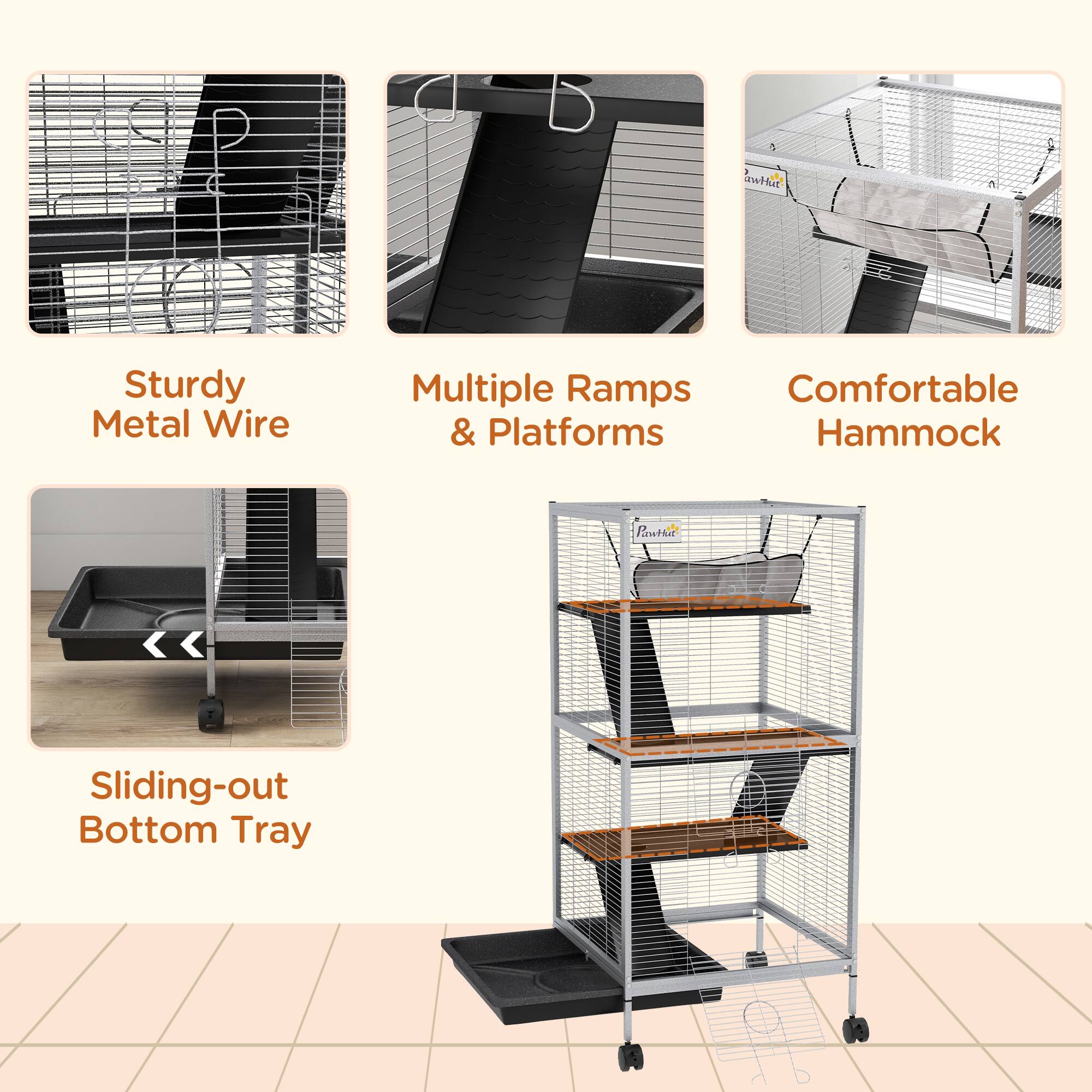 - Sturdy Metal Wire
- Multiple Ramps & Platforms
- Comfortable Hammock
- Sliding-out Bottom Tray