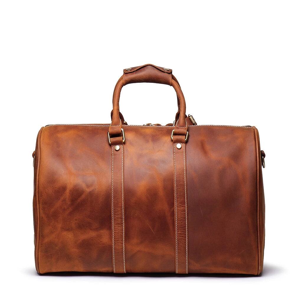 Angle. Steel Horse Leather - The Brandt Weekender | Small Leather Duffle Bag - Brown.