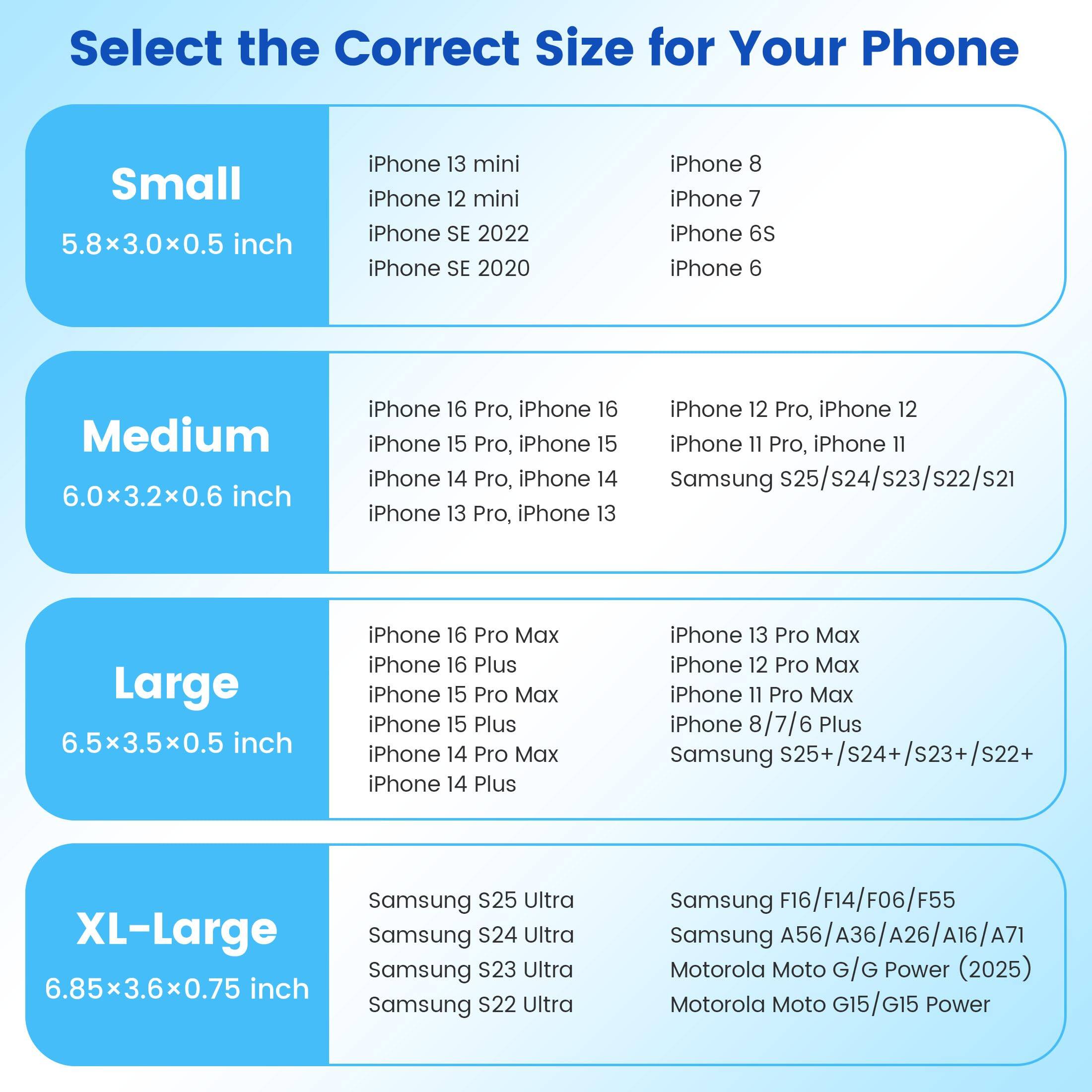 Sure, here is the corrected and grouped text:

---

**Select the Correct Size for Your Phone**

**Small**  
5.8x3.0x0.5 inch  
- iPhone 13 mini  
- iPhone 12 mini  
- iPhone SE 2022  
- iPhone SE 2020  
- iPhone 8  
- iPhone 7  
- iPhone 6S  
- iPhone 6  

**Medium**  
6.0x3.2x0.6 inch  
- iPhone 16 Pro, iPhone 16  
- iPhone 15 Pro, iPhone 15  
- iPhone 14 Pro, iPhone 14  
- iPhone 13 Pro, iPhone 13  
- iPhone 12 Pro, iPhone 12  
- iPhone 11 Pro, iPhone 11  
- Samsung S25/s24/s23/s22/s21  

**Large**  
6.5x3.5x0.5 inch  
- iPhone 16 Pro Max  
- iPhone 16 Plus  
- iPhone 15 Pro Max  
- iPhone 15 Plus  
- iPhone 14 Pro Max  
- iPhone 1