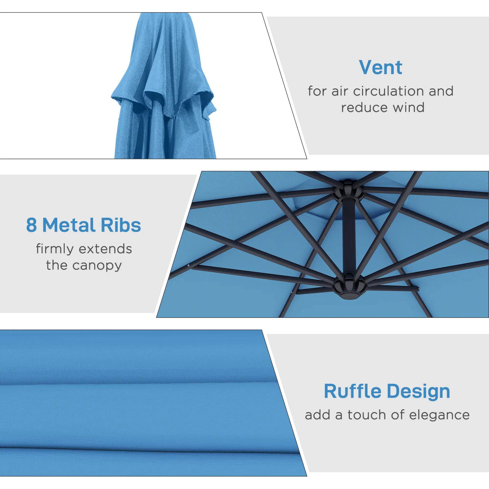 Vent  
for air circulation and reduce wind  

8 Metal Ribs  
firmly extends the canopy  

Ruffle Design  
add a touch of elegance