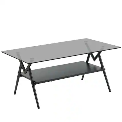 Front. Ecooso - Rectangle Coffee Table with Tempered Glass top and Black MDF Shelf, Modern Table for Living Room, Gray Glass - Gray.