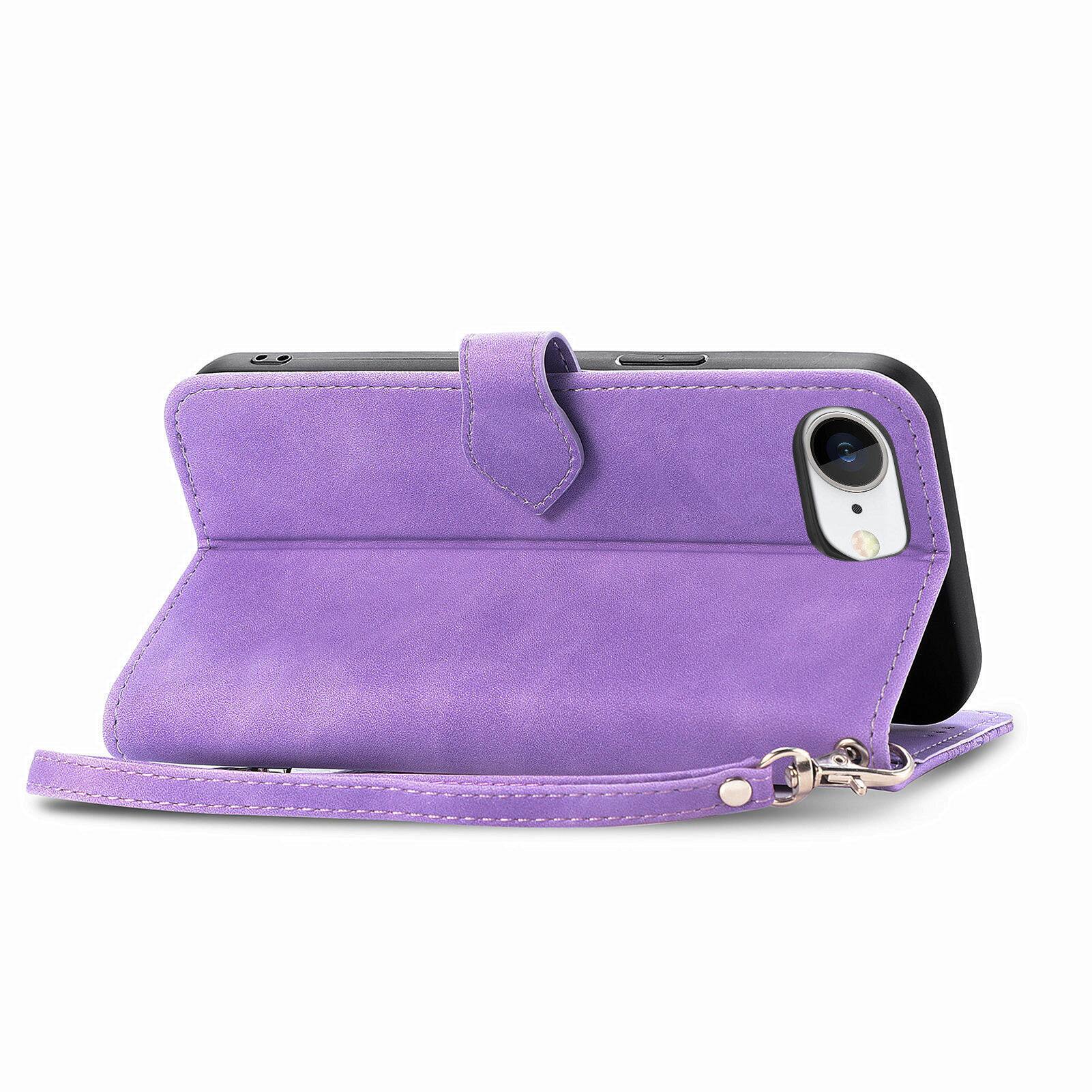 Left. Dteck - for Apple iPhone 17e / 16e Wallet Case,Folio Shockproof PU Leather Card Holder Cover with Zipper Pocket & Wrist Strap - Purple.