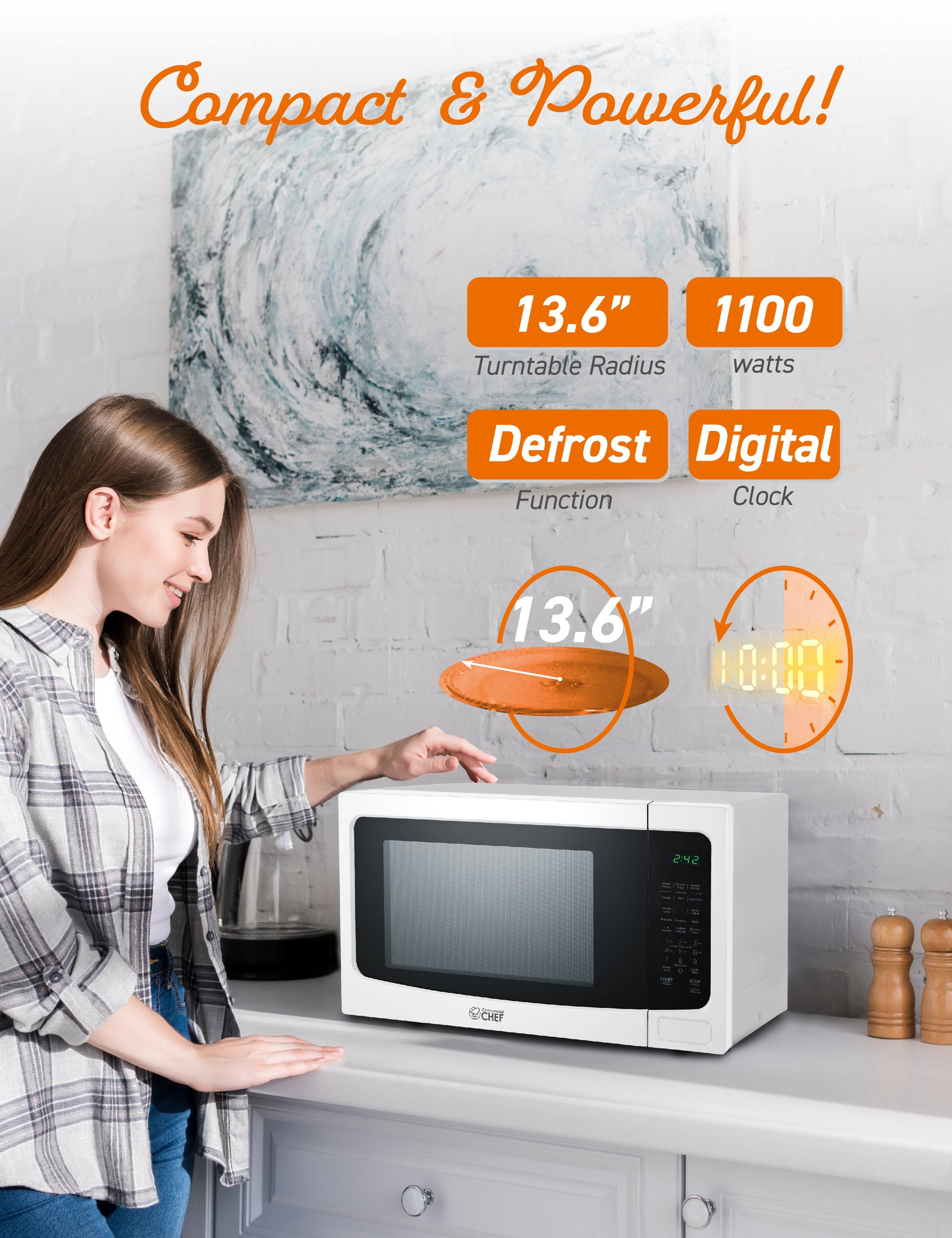 Compact & Powerful! 13.6" Turntable Radius 1100 watts Defrost Function Digital Clock 13.6" 10:00 2:42 CHEF