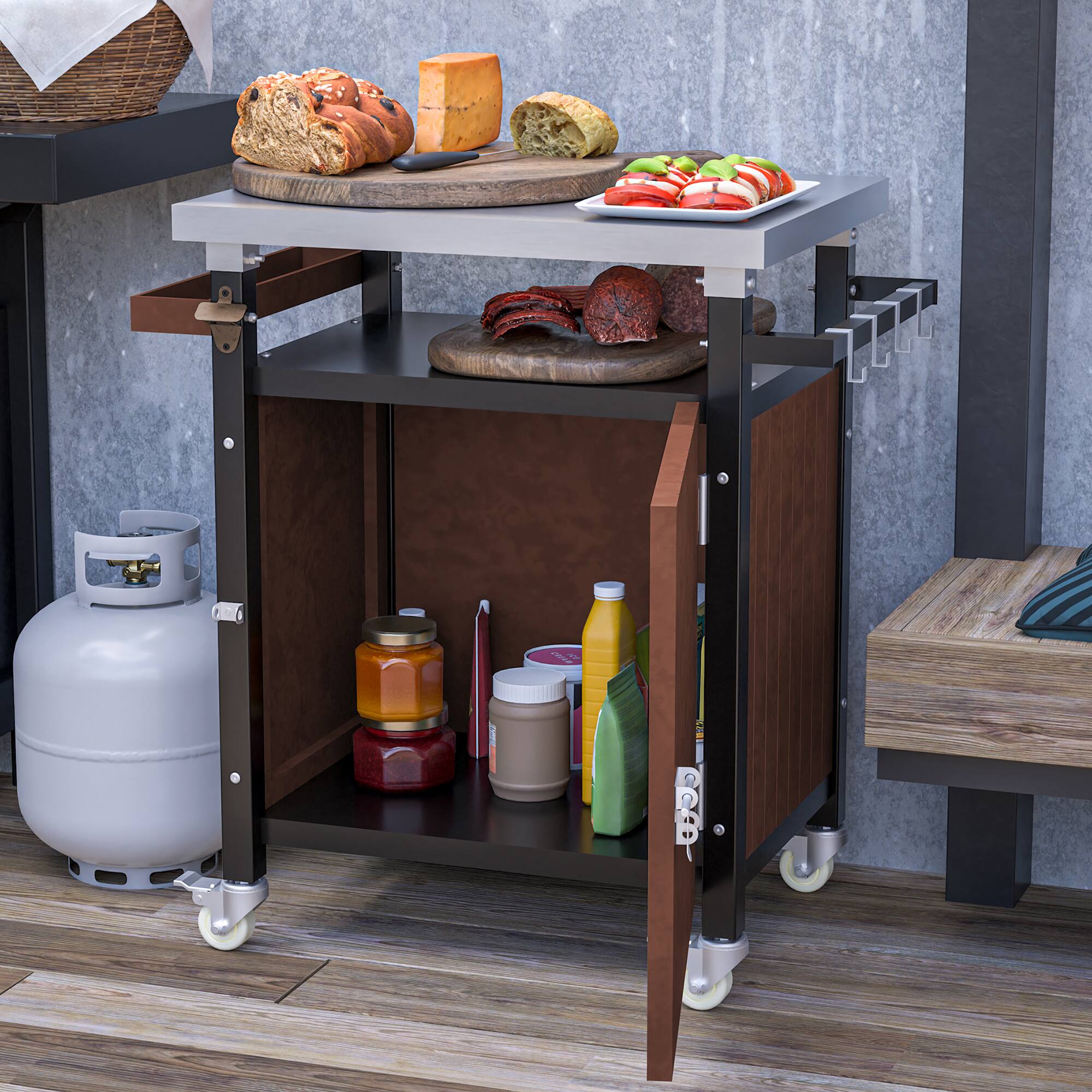 Alt View 6. Spaco - Spaco Outdoor Grill Cart, Movable BBQ Cart with Stainless Steel Tabletop, Wheels, Storage, Hooks, Spice Rack, Waterproof - Brown.