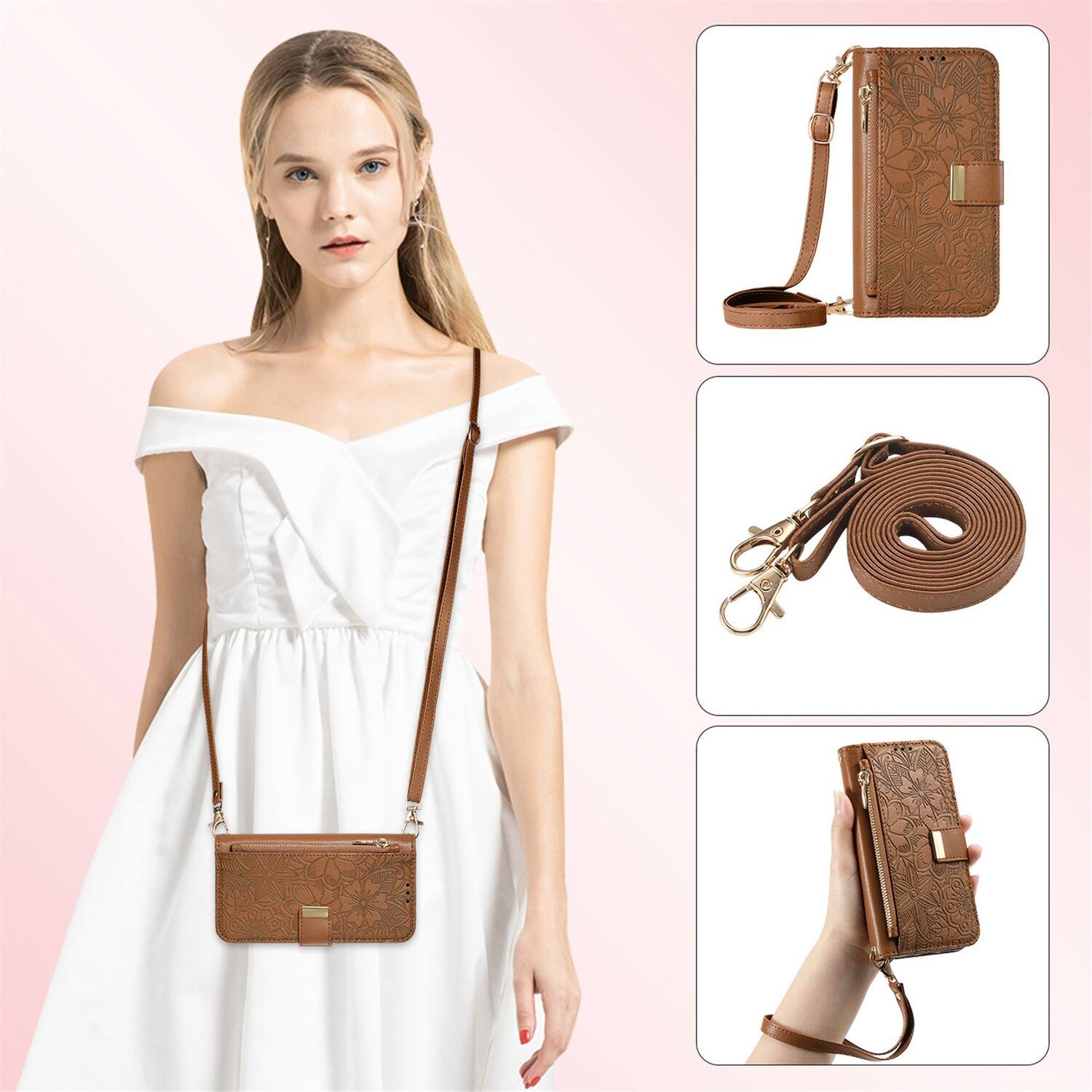 Back. Dteck - Floral Embossed Leather Zipper Cash Slot Wallet Case for Apple iPhone 16 Plus with Detachable Strap - Brown.
