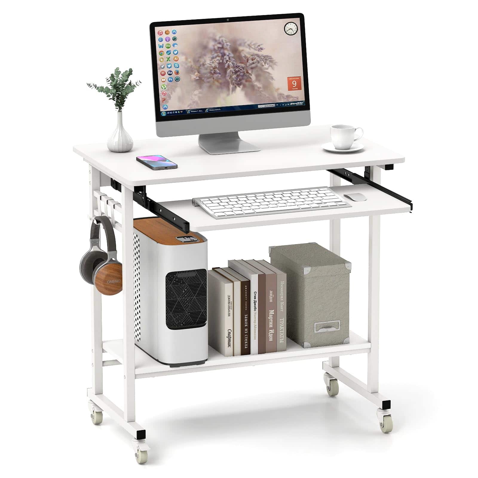 Ecooso - Rolling Laptop Desk with Pull-Out Keyboard Tray and Hooks, Mobile Workstation with Wheels - White