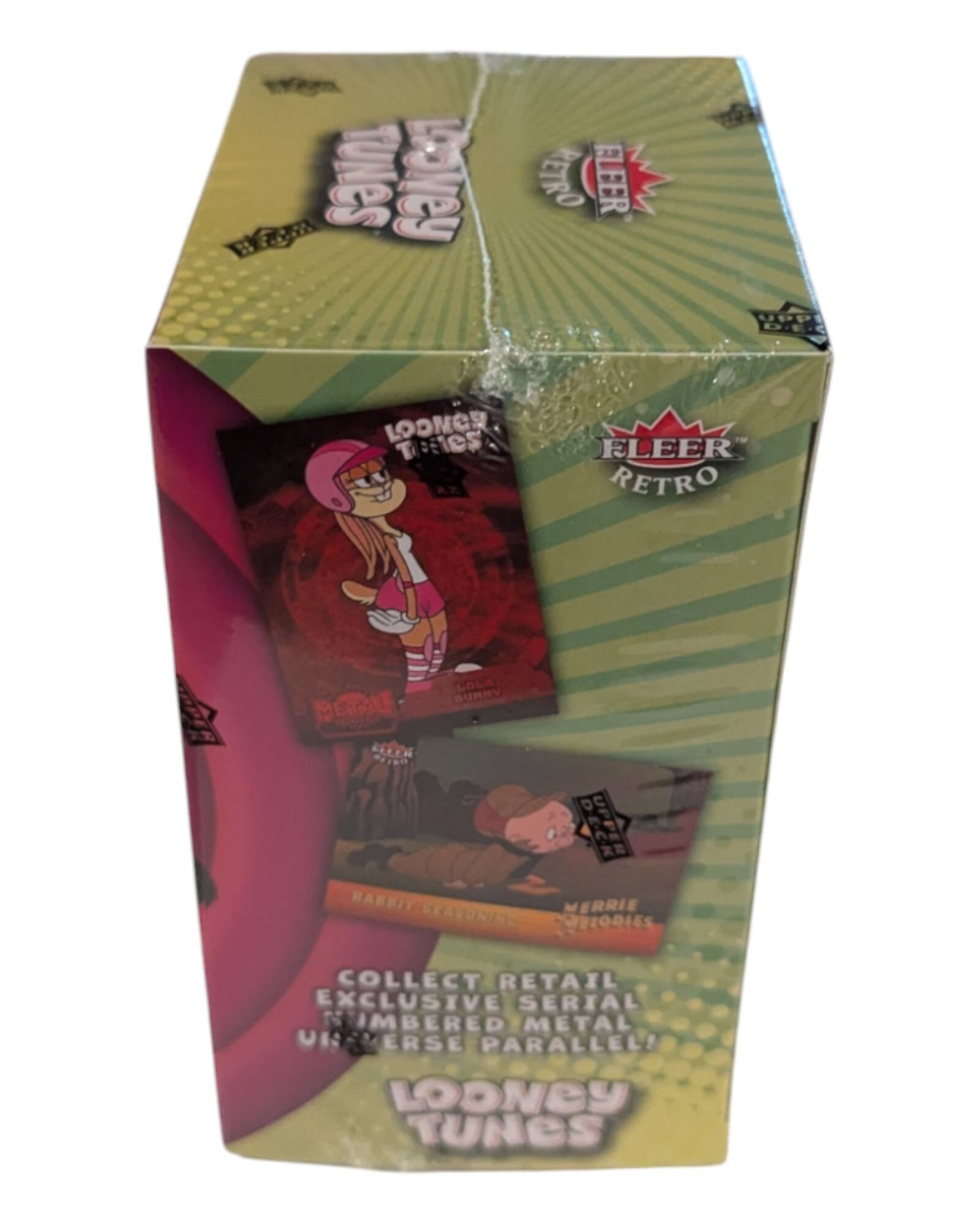 Sure, here is the corrected and grouped text from the image:

---

**Front:**
- LOONEY TUNES
- FLEER RETRO
- LOONEY TUNES TRICKS
- MERRIE SEASON
- RETAIL EXCLUSIVE SERIAL NUMBERED METAL PARALLEL!
- COLLECT EXCLUSIVE RETAIL EXCLUSIVE SERIAL NUMBERED METAL PARALLEL!
- LOONEY TUNES

**Side:**
- FLEER RETRO
- MERRIE SEASON
- KARLIE KARDASHIAN

**Top:**
- FLEER RETRO

**Bottom:**
- LOONEY TUNES

---