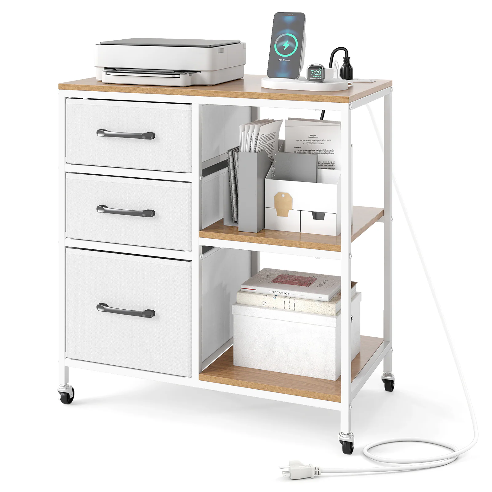 Gymax - 3 Drawer Mobile File Cabinet w/Charging Station Open Storage Shelves for Home - Yellow