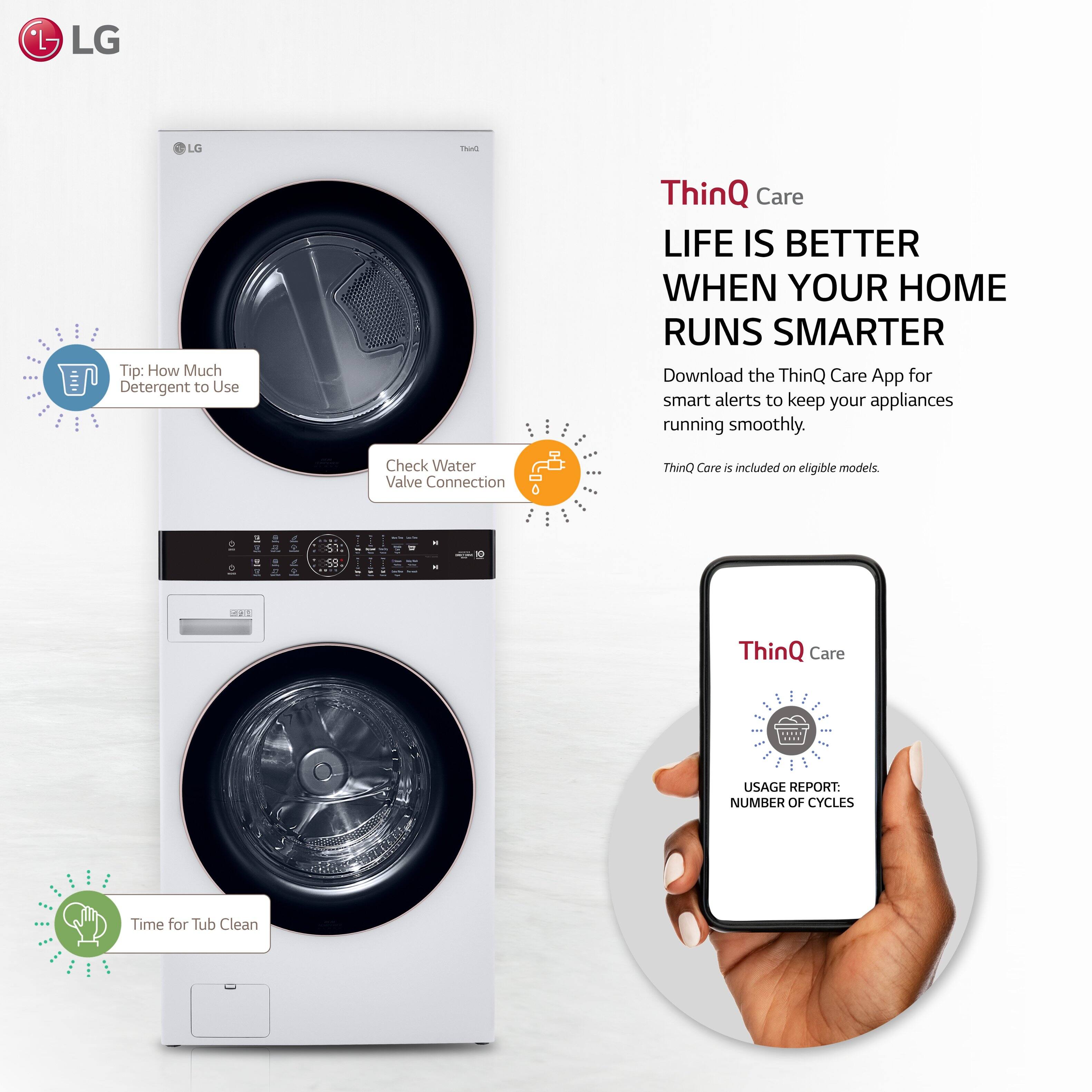 The image features a stacked washer and dryer combo unit from LG. The ad emphasizes the benefits of using the ThinQ Care app, which provides smart alerts to keep your appliances running smoothly. The app also includes the ThinQ Care feature, which is included on eligible models. The ad encourages users to download the app and enjoy the advantages of having a smart home.