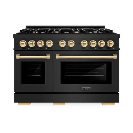 Front. ZLINE - ZLINE Autograph 48" Freestanding Select Black Stainless Gas Range w/ 8 Burners & Gold Accents (HGRBZ-48-G) - Black Stainless Steel.