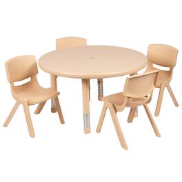 Flash Furniture - Emmy 33" Round Plastic Height Adjustable Activity Table Set with 4 Chairs - Natural