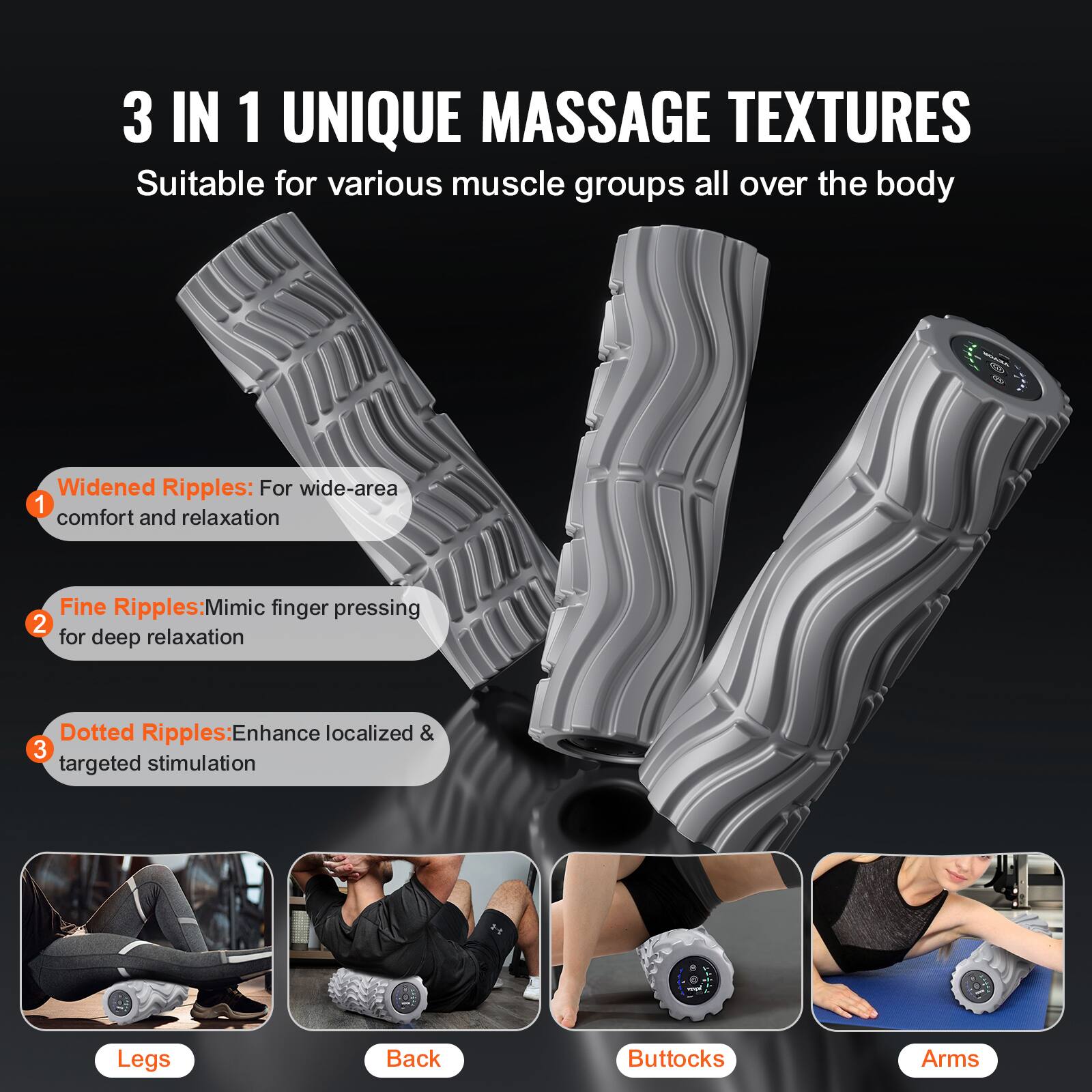 3 IN 1 UNIQUE MASSAGE TEXTURES  
Suitable for various muscle groups all over the body  

1. Widened Ripples: For wide-area comfort and relaxation  
2. Fine Ripples: Mimic finger pressing for deep relaxation  
3. Dotted Ripples: Enhance localized & targeted stimulation  

Legs  
Back  
Buttocks  
Arms