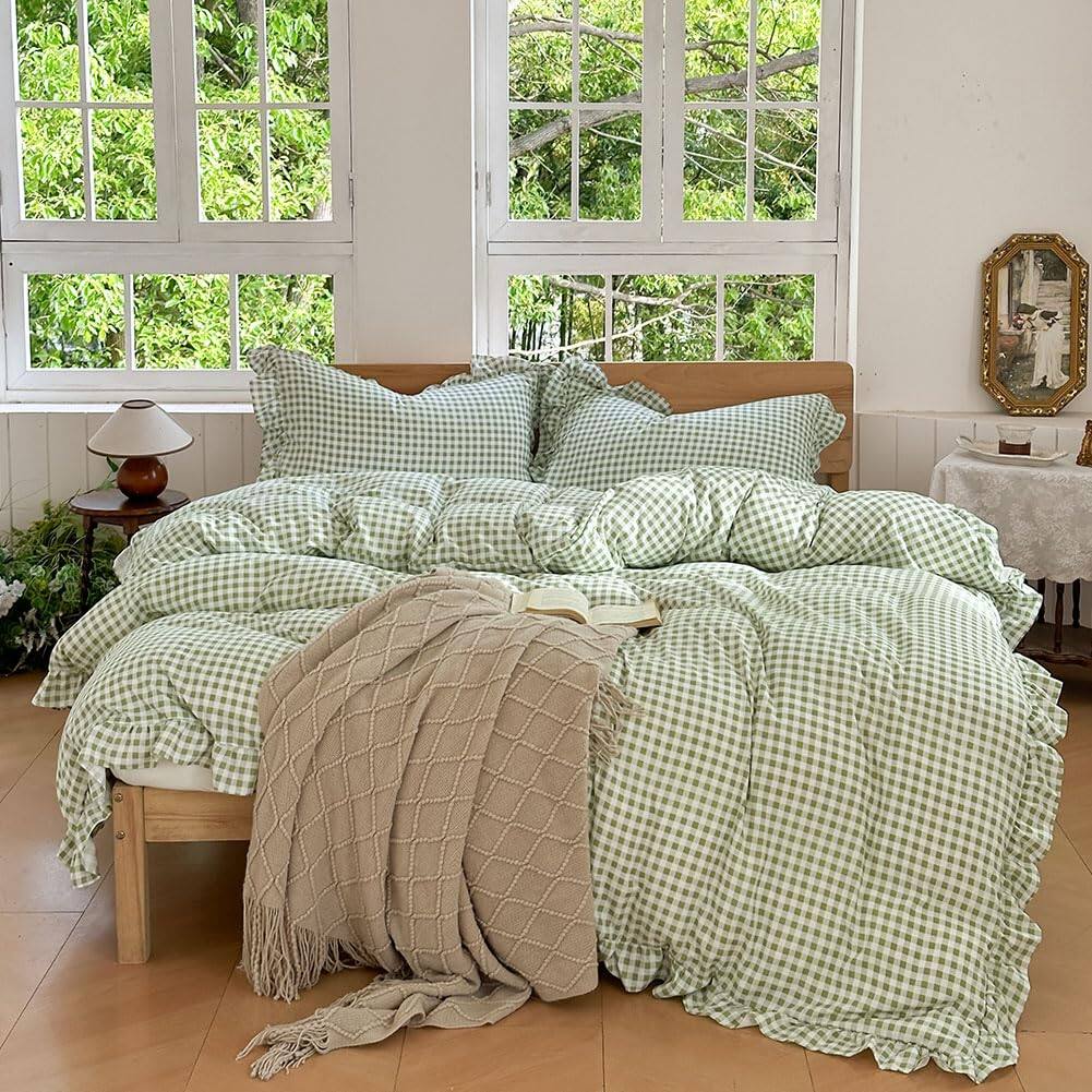 Alt View 6. Earthley Blooms - Gingham Ruffle Duvet Cover Size 2 Pieces Soft Prewashed Microfiber Checked Plaid Comforter Set Vintage - Purple Gingham-Queen/Full.