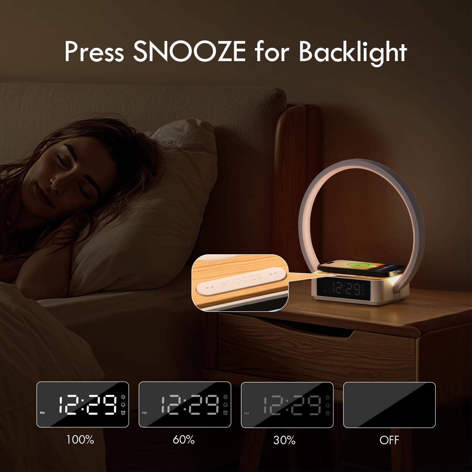 Press SNOOZE for Backlight

12:29 100%
12:29 60%
12:29 30%
12:29 OFF