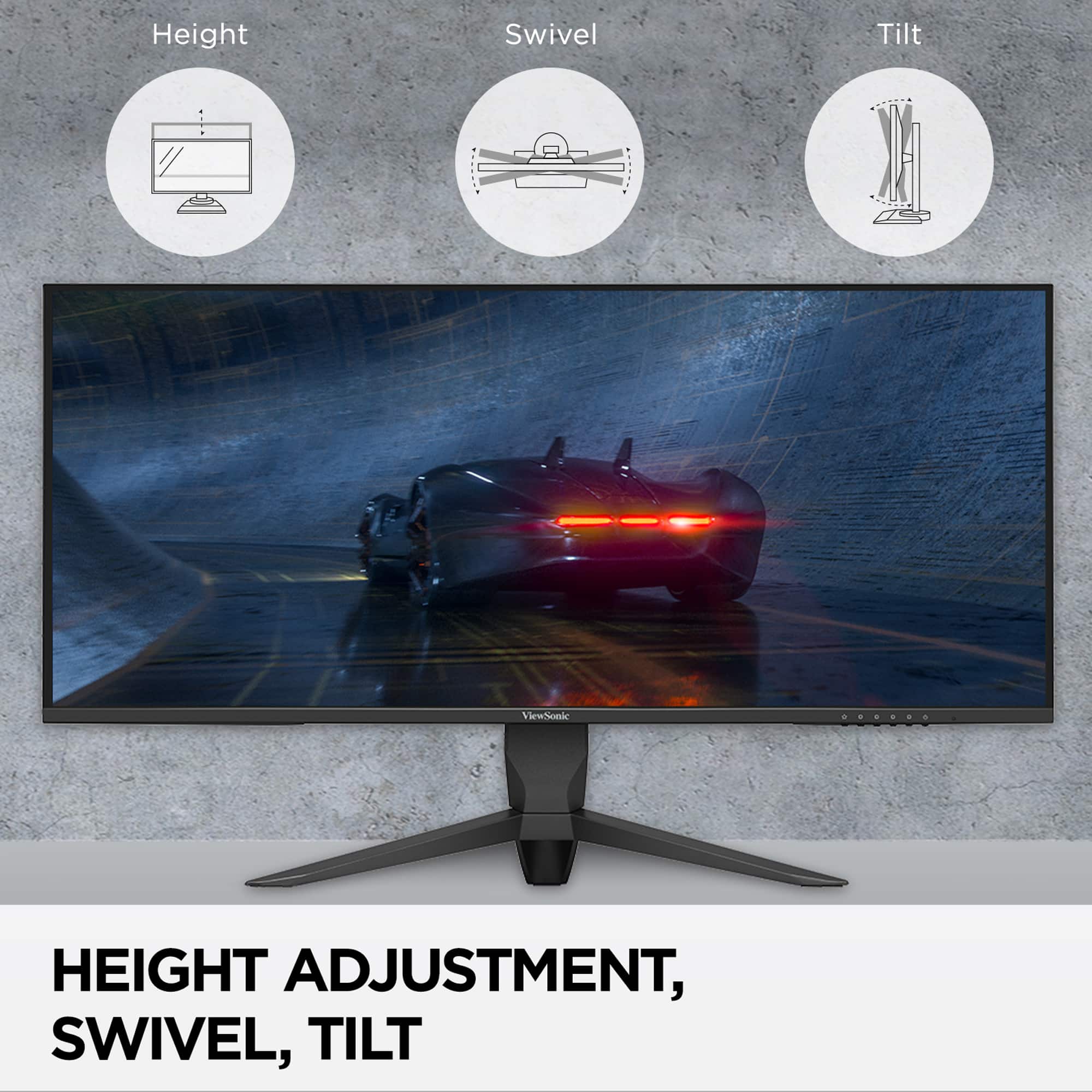The text on the image reads "Height Adjustment, Swivel, Tilt."