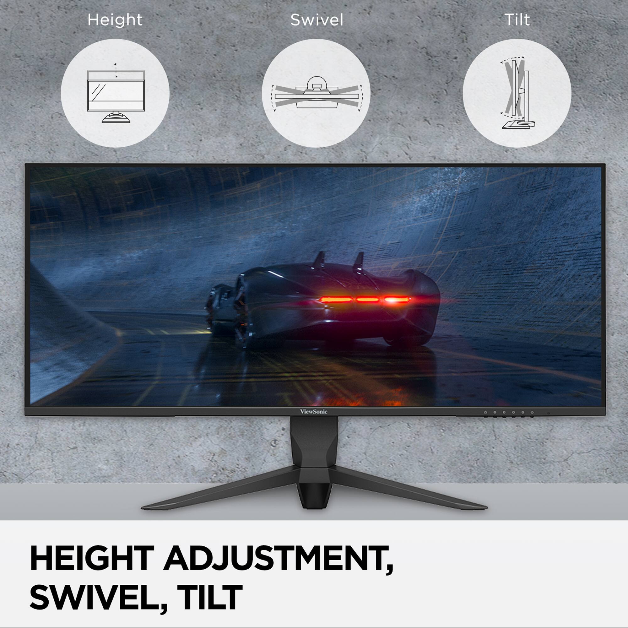 The text on the image reads "Height Adjustment, Swivel, Tilt."