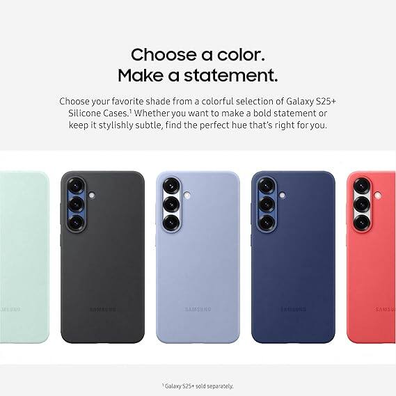 Choose a color.  
Make a statement.  

Choose your favorite shade from a colorful selection of Galaxy S25+ Silicone Cases. Whether you want to make a bold statement or keep it stylishly subtle, find the perfect hue that's right for you.  

Galaxy S25+ sold separately.