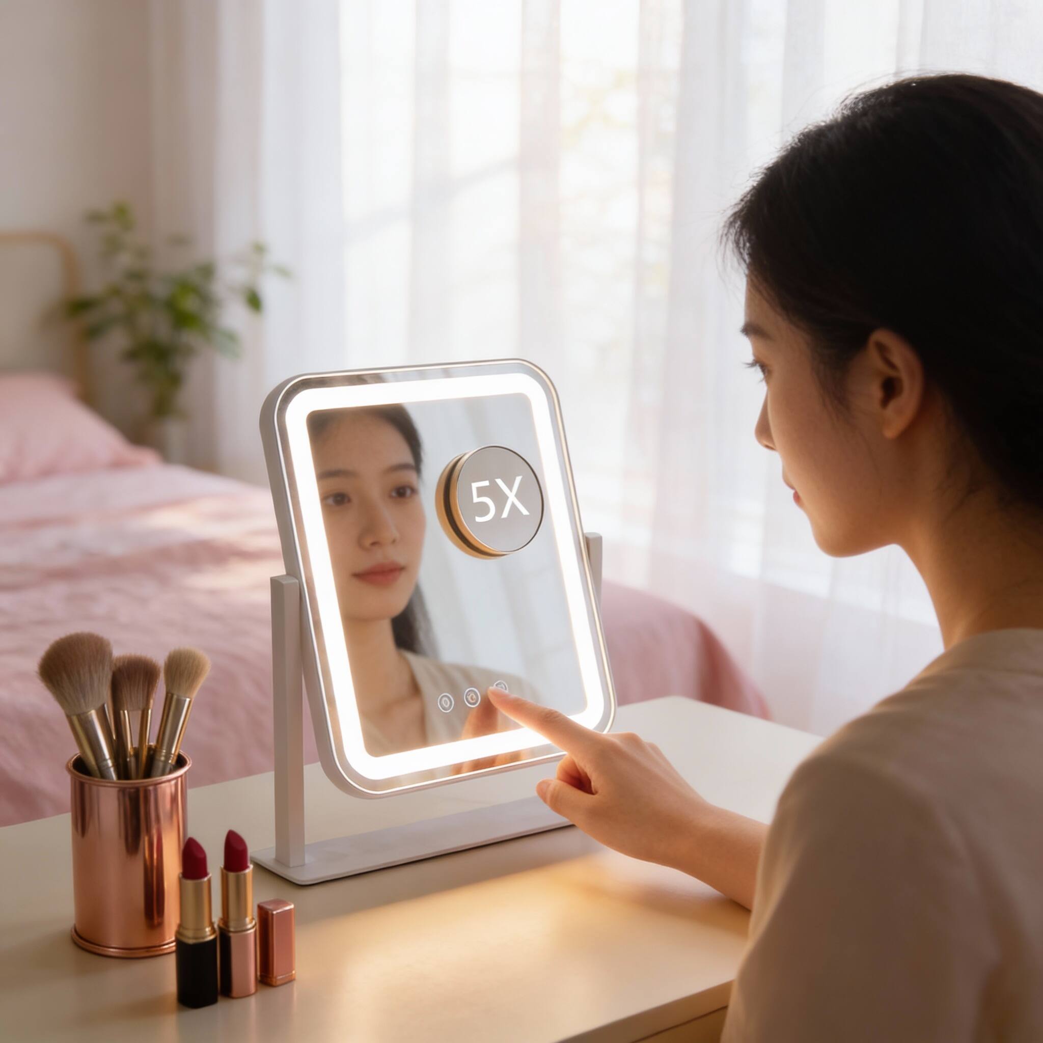 Left. PO3TICJUNKI3 - LED Vanity Mirror 3-Light Modes 5X Magnification Touch Control 360° Rotating - 14.1"L x 12"W.