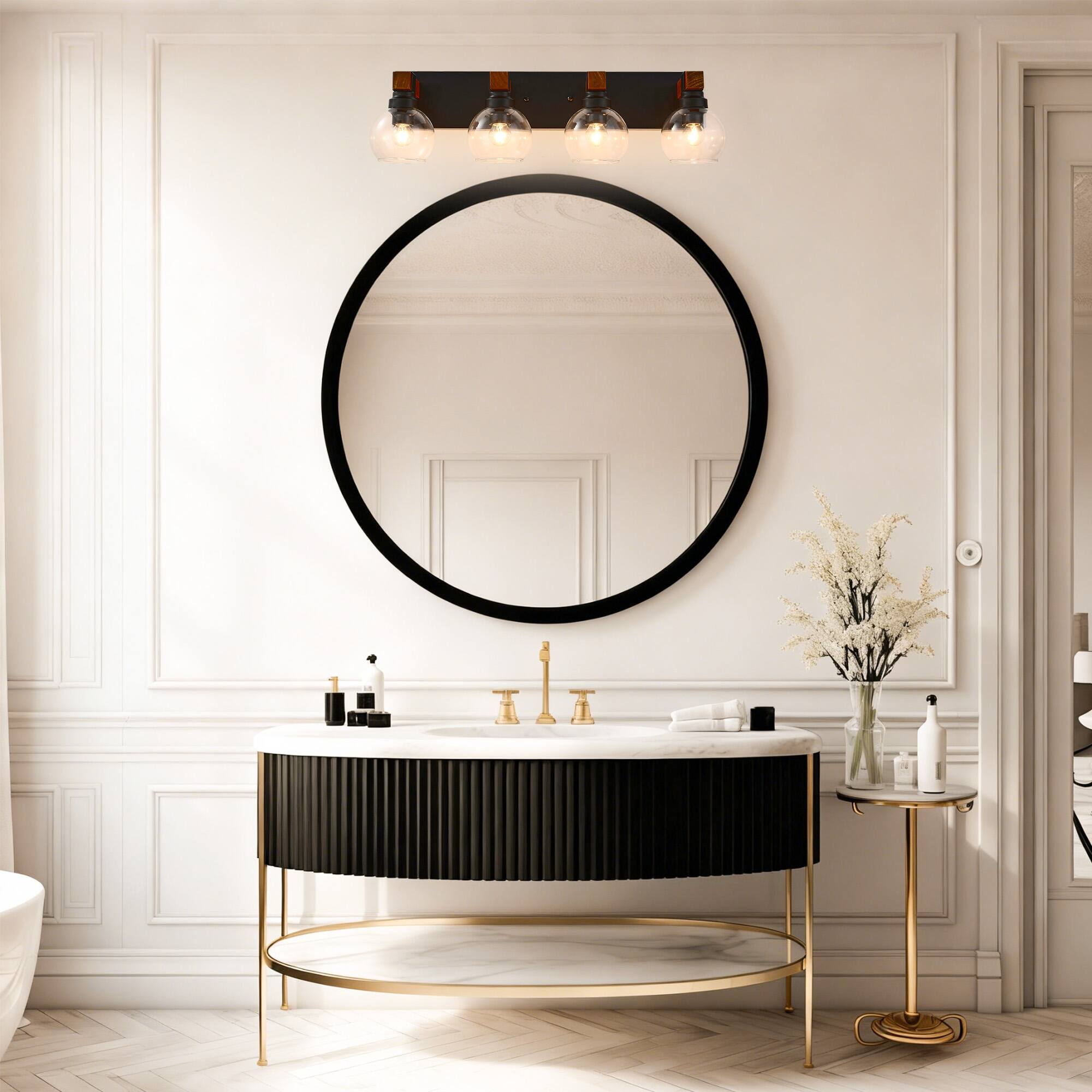 Alt View 1. RYHNUYNE - 4 Light Bathroom Vanity Light Fixtures, Black and Gold Wood Bathroom Light Fixtures Over Mirror, Farmhouse Wall Sconces4 - Black and Gold.