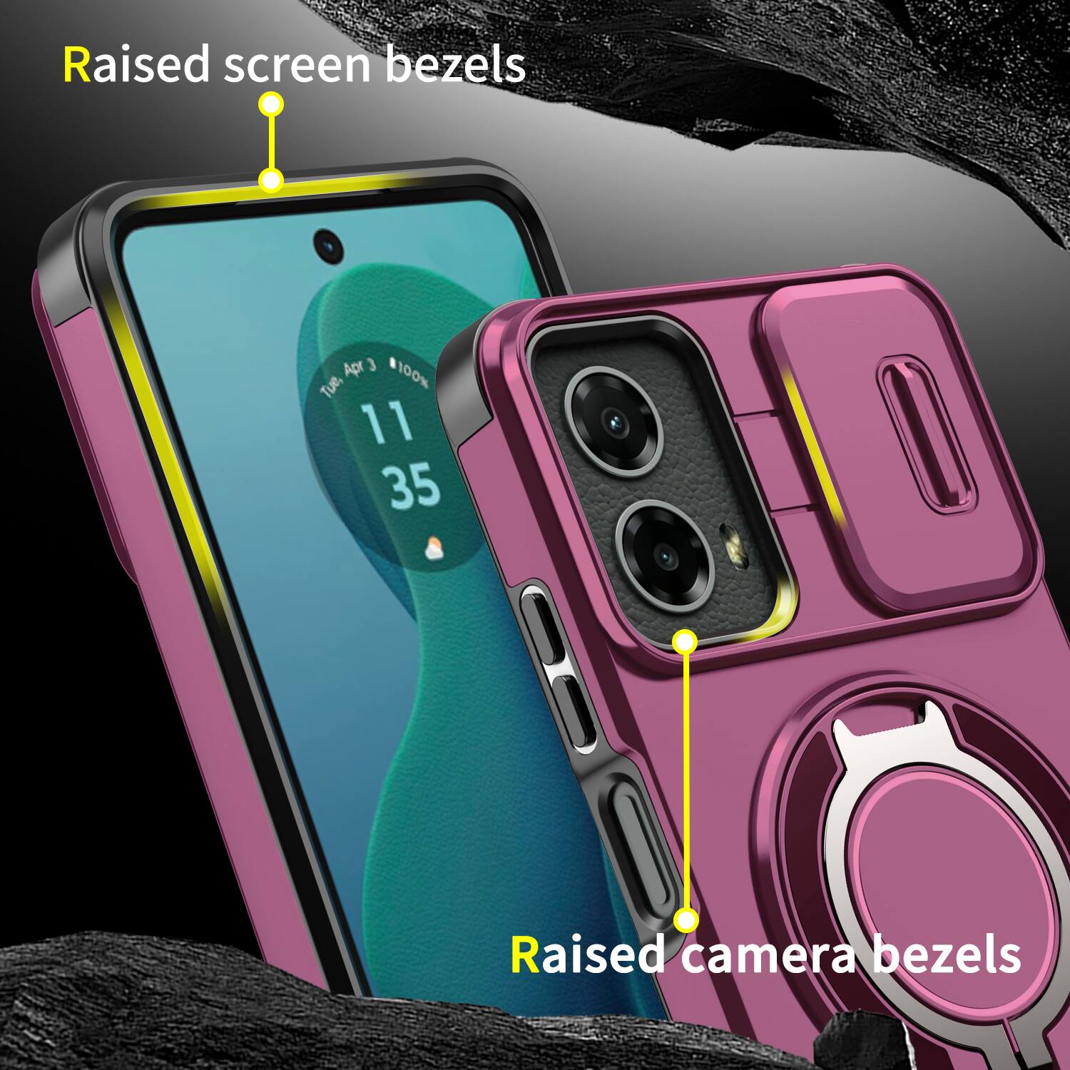 Raised screen bezels  
Raised camera bezels