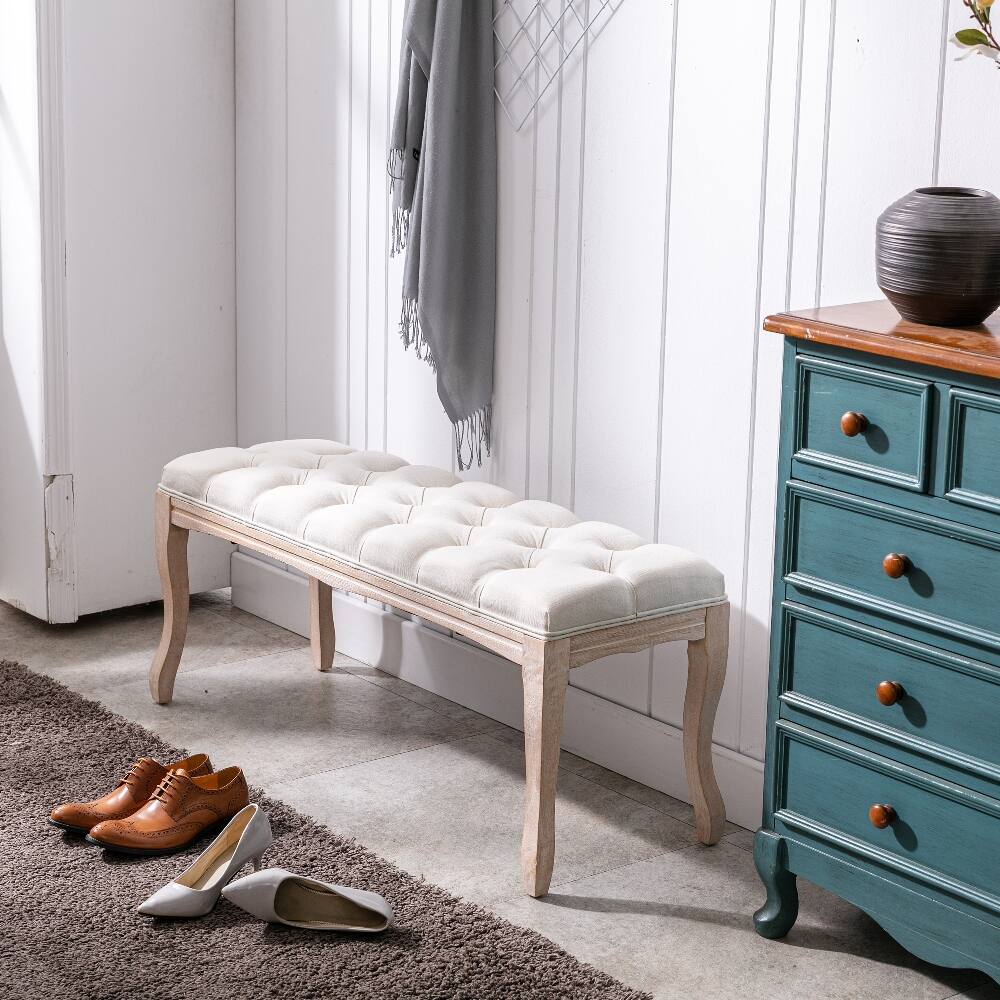 Alt View 2. Ropilly - Ropilly French Vintage Tufted Bedroom Bench, Upholstered Entryway End of Bed Ottoman Seat with Wood Legs, Beige - Beige.