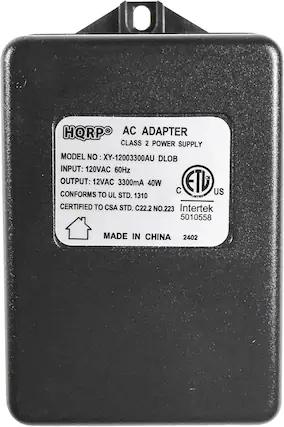 HQRPO AC ADAPTER CLASS 2 POWER SUPPLY MODEL NO XY-12003300AU DLOB INPUT: 120VAC 60Hz OUTPUT: 12VAC 3300mA 40W CONFORMS TO UL STD. 1310 LISTED CERTIFIED TO CSA STD. C22.2 NO.223 Intertek 5010558 MADE IN CHINA 2402