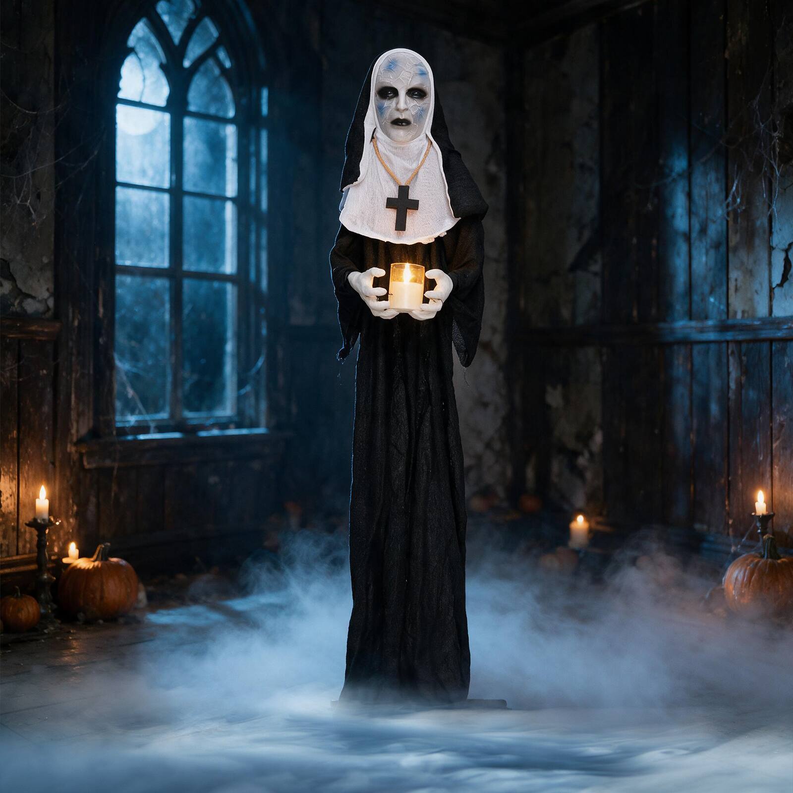 Alt View 3. Costway - Costway 5.3 FT Freestanding Life-Size Sister with Light up Candle, Spooky Hunted House Prop - White + Black.