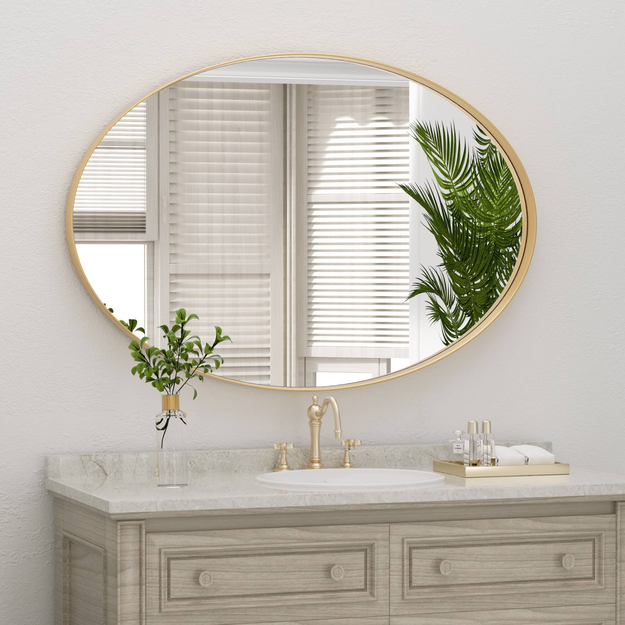 Left. PAIHOME - Rust-Resistant Oval Bathroom Mirror Iron Frame Wall Mirror, HD Glass & Easy Hang - Distortion-Free Vanity Mirror - Gold-22x30 Inch.