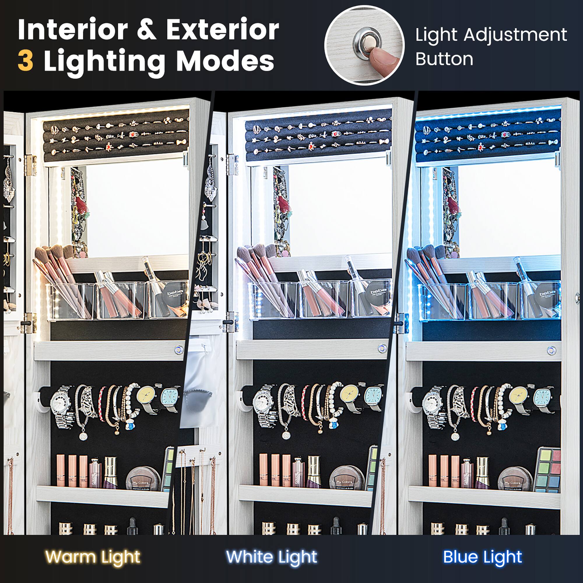 Interior & Exterior  
3 Lighting Modes  

Light Adjustment Button  

Warm Light  
White Light  
Blue Light