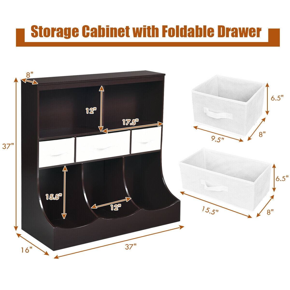 Storage Cabinet with Foldable Drawer

- Height: 37"
- Width: 37"
- Depth: 16"
- Top Shelf: 8" (Height) x 12" (Depth)
- Second Shelf: 17.5" (Height) x 12" (Depth)
- Bottom Shelf: 15.5" (Height) x 12" (Depth)
- Drawer: 15.5" (Width) x 8" (Depth) x 6.5" (Height)
- Foldable Drawer: 9.5" (Width) x 8" (Depth) x 6.5" (Height)